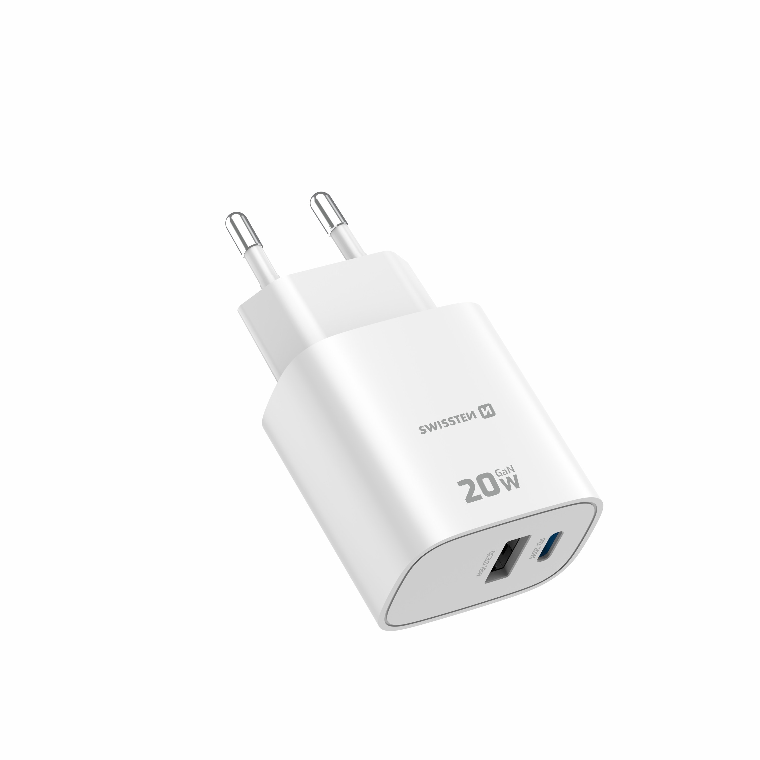 SWISSTEN EDGE GaN síťová nabíječka USB-C + USB-A 20W / 18W – Power Delivery a Quick Charge bílá