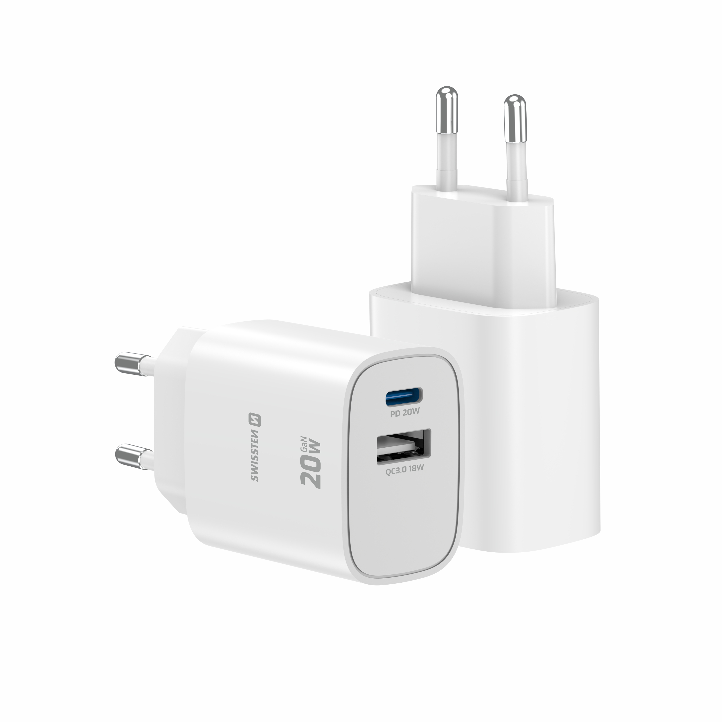 SWISSTEN EDGE GaN síťová nabíječka USB-C + USB-A 20W / 18W – Power Delivery a Quick Charge bílá