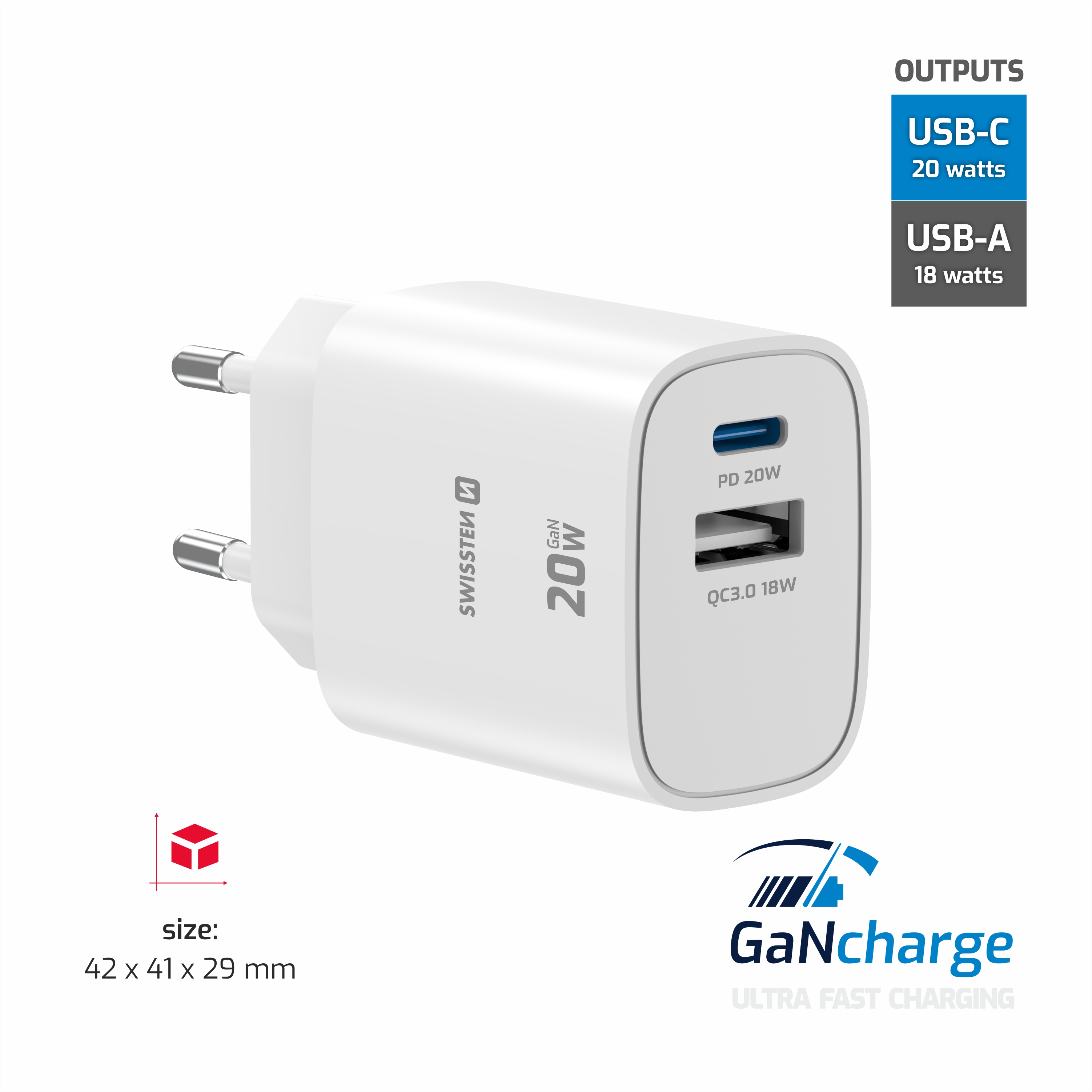 SWISSTEN EDGE GaN síťová nabíječka USB-C + USB-A 20W / 18W – Power Delivery a Quick Charge bílá