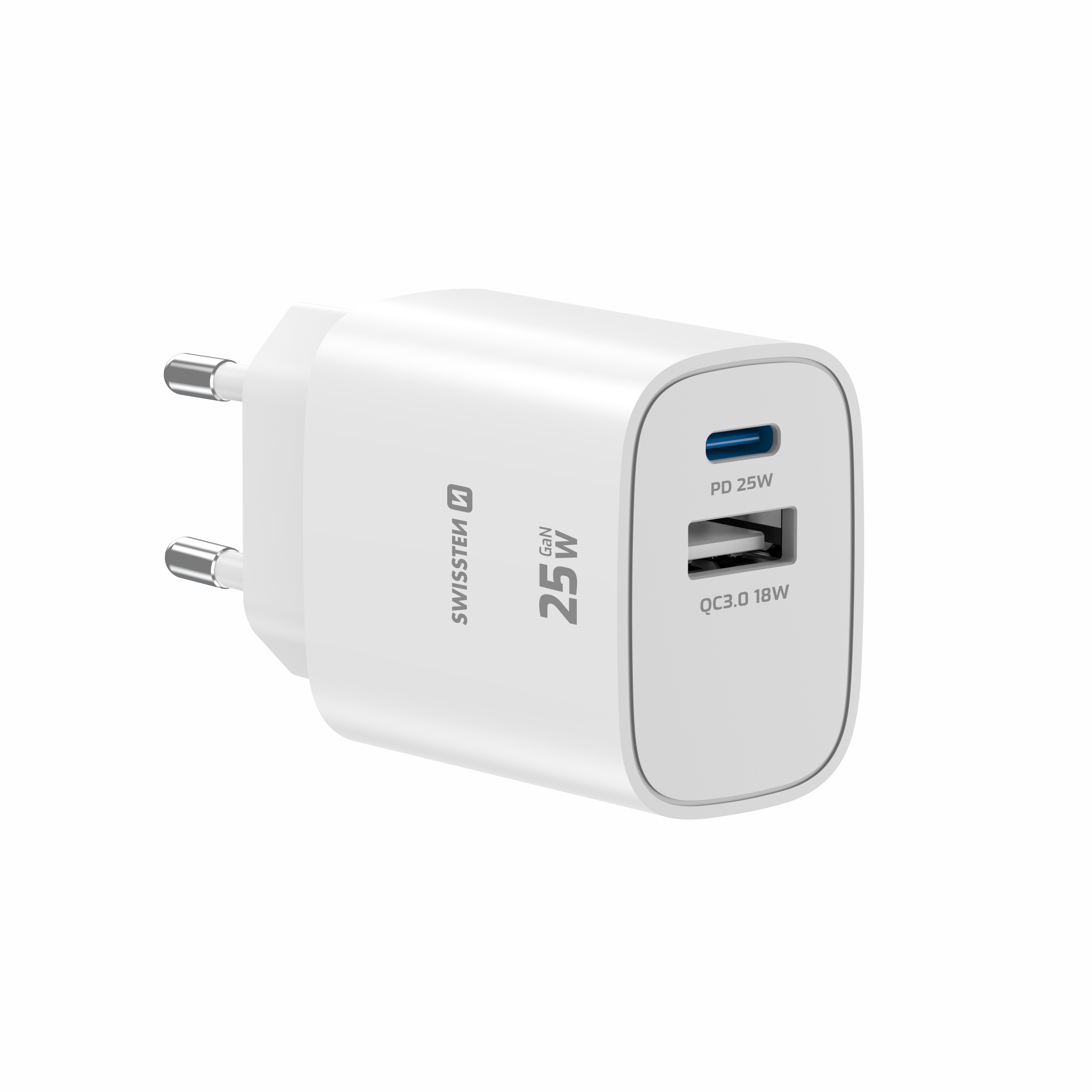 SWISSTEN EDGE GaN síťová nabíječka USB-C + USB-A 25W / 18W – Power Delivery a Quick Charge bílá