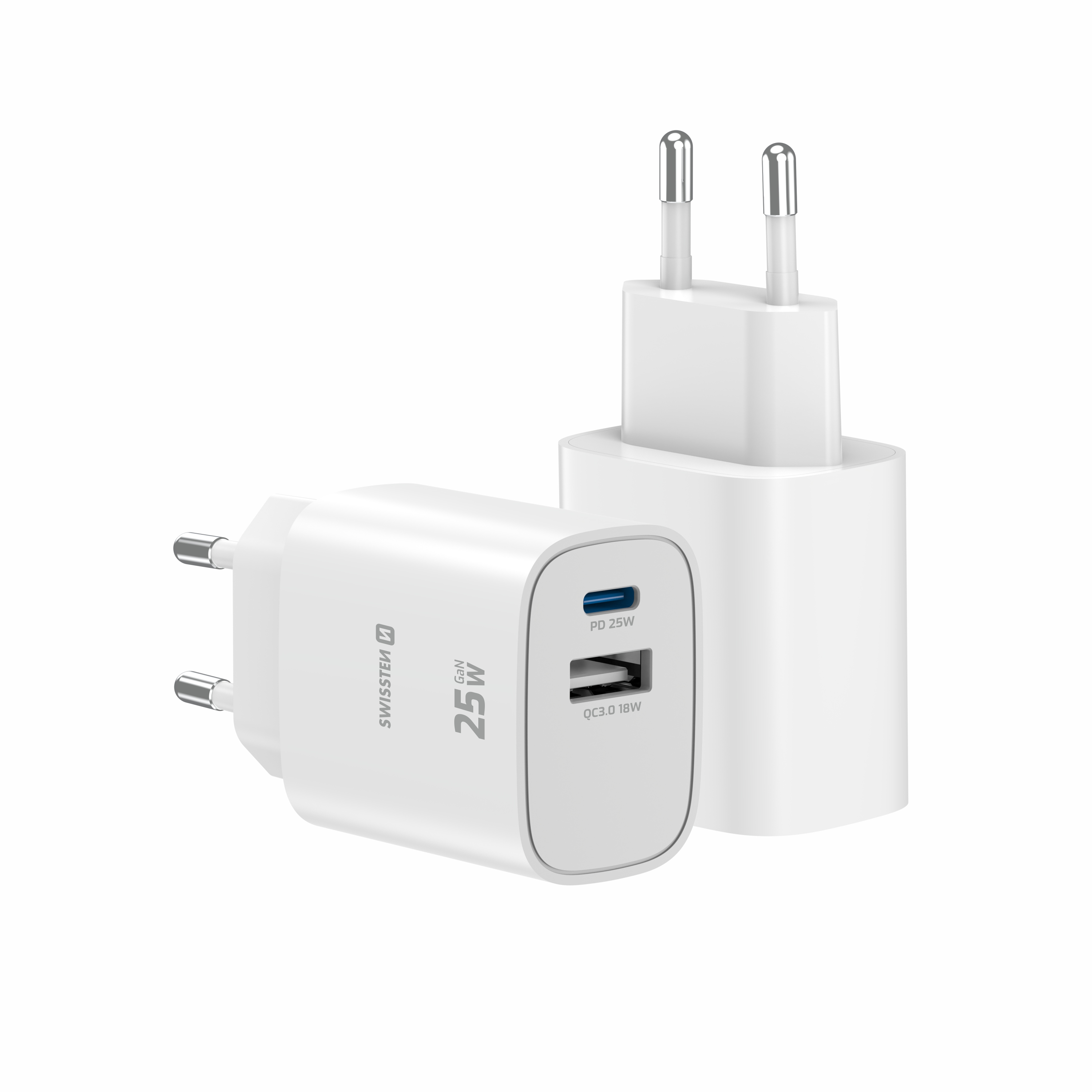 SWISSTEN EDGE GaN síťová nabíječka USB-C + USB-A 25W / 18W – Power Delivery a Quick Charge bílá