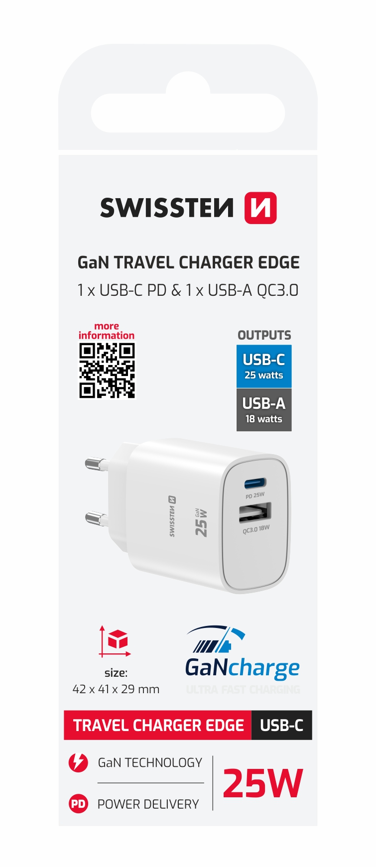 SWISSTEN EDGE GaN síťová nabíječka USB-C + USB-A 25W / 18W – Power Delivery a Quick Charge bílá