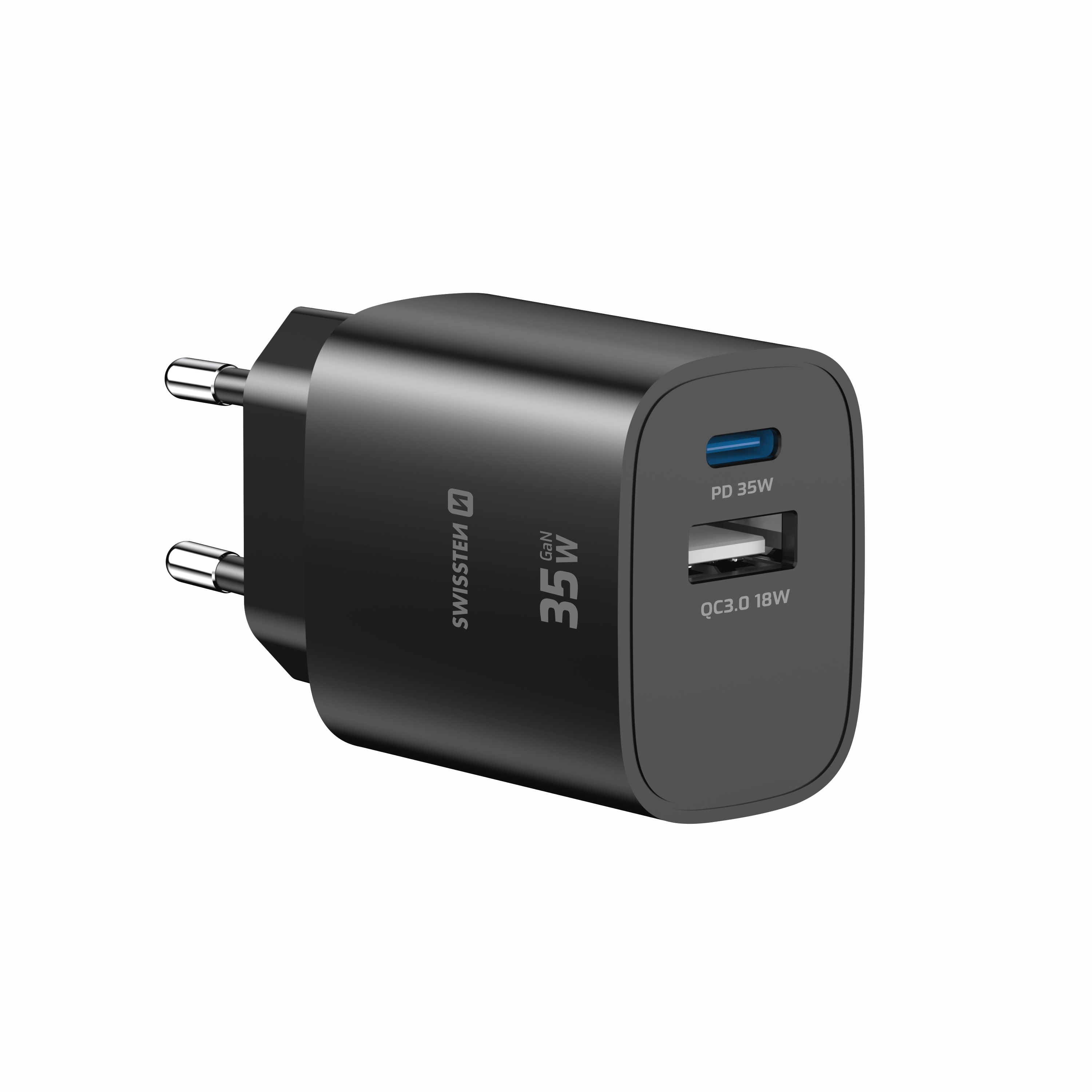 SWISSTEN EDGE GaN síťová nabíječka USB-C + USB-A 35W / 18W – Power Delivery a Quick Charge černá