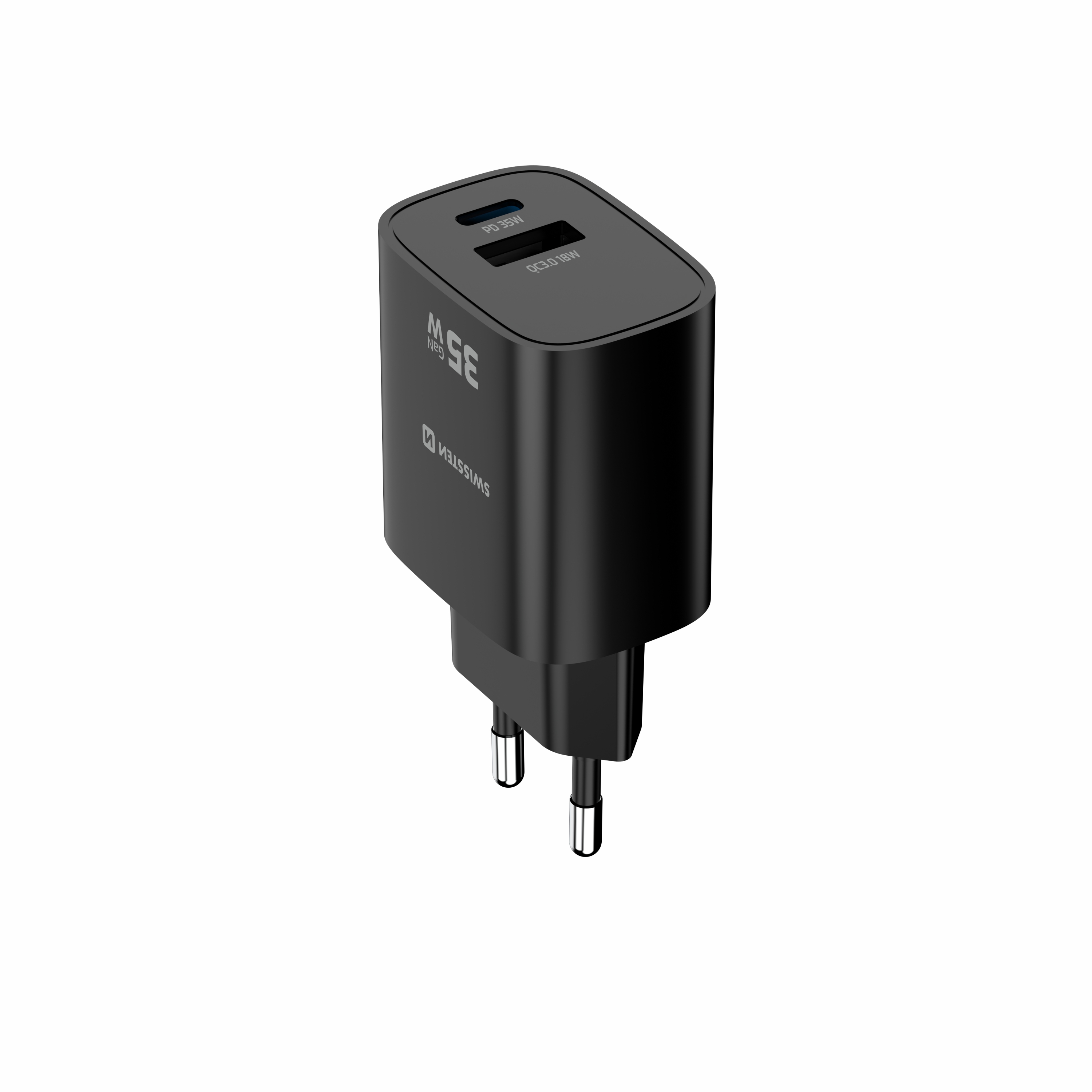 SWISSTEN EDGE GaN síťová nabíječka USB-C + USB-A 35W / 18W – Power Delivery a Quick Charge černá