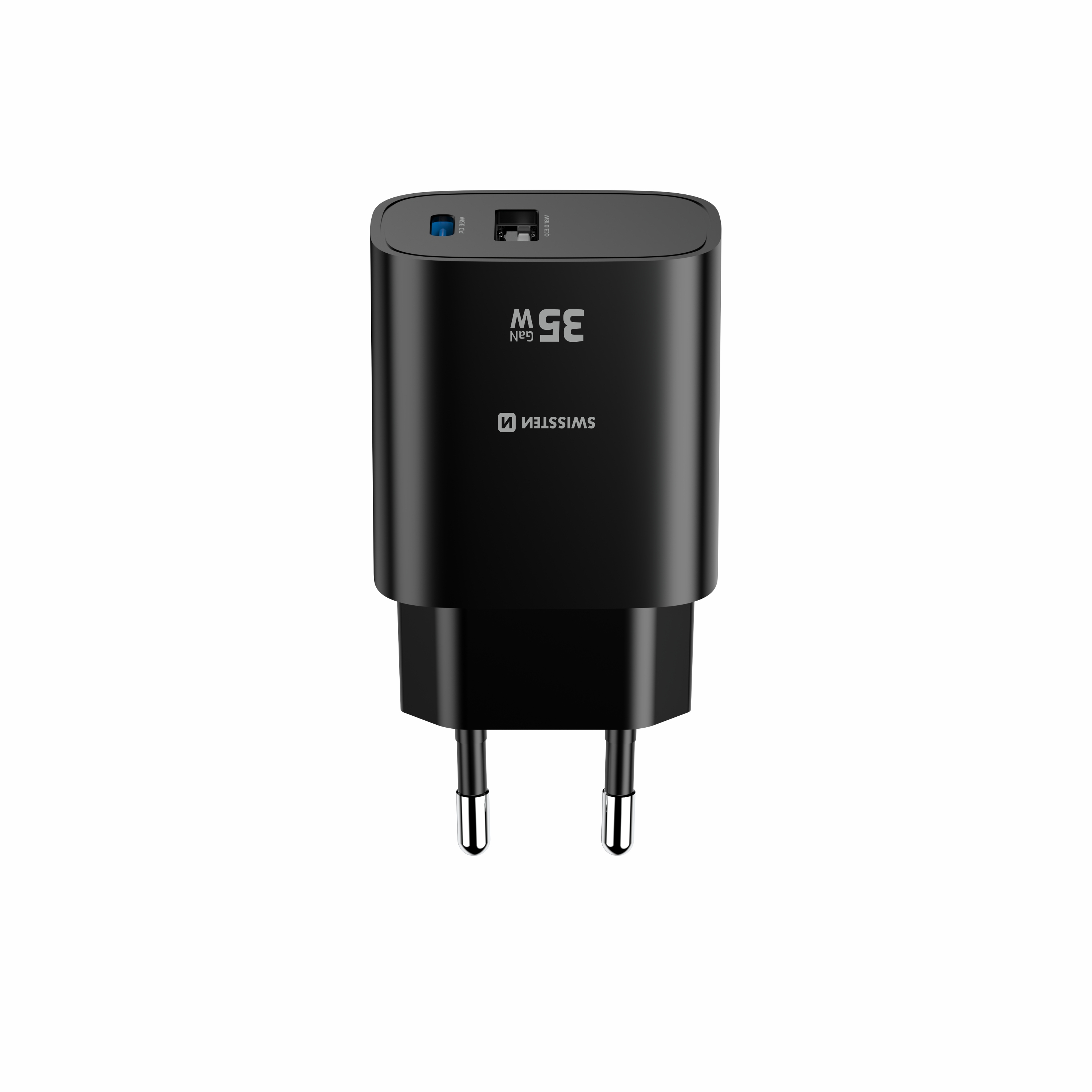 SWISSTEN EDGE GaN síťová nabíječka USB-C + USB-A 35W / 18W – Power Delivery a Quick Charge černá