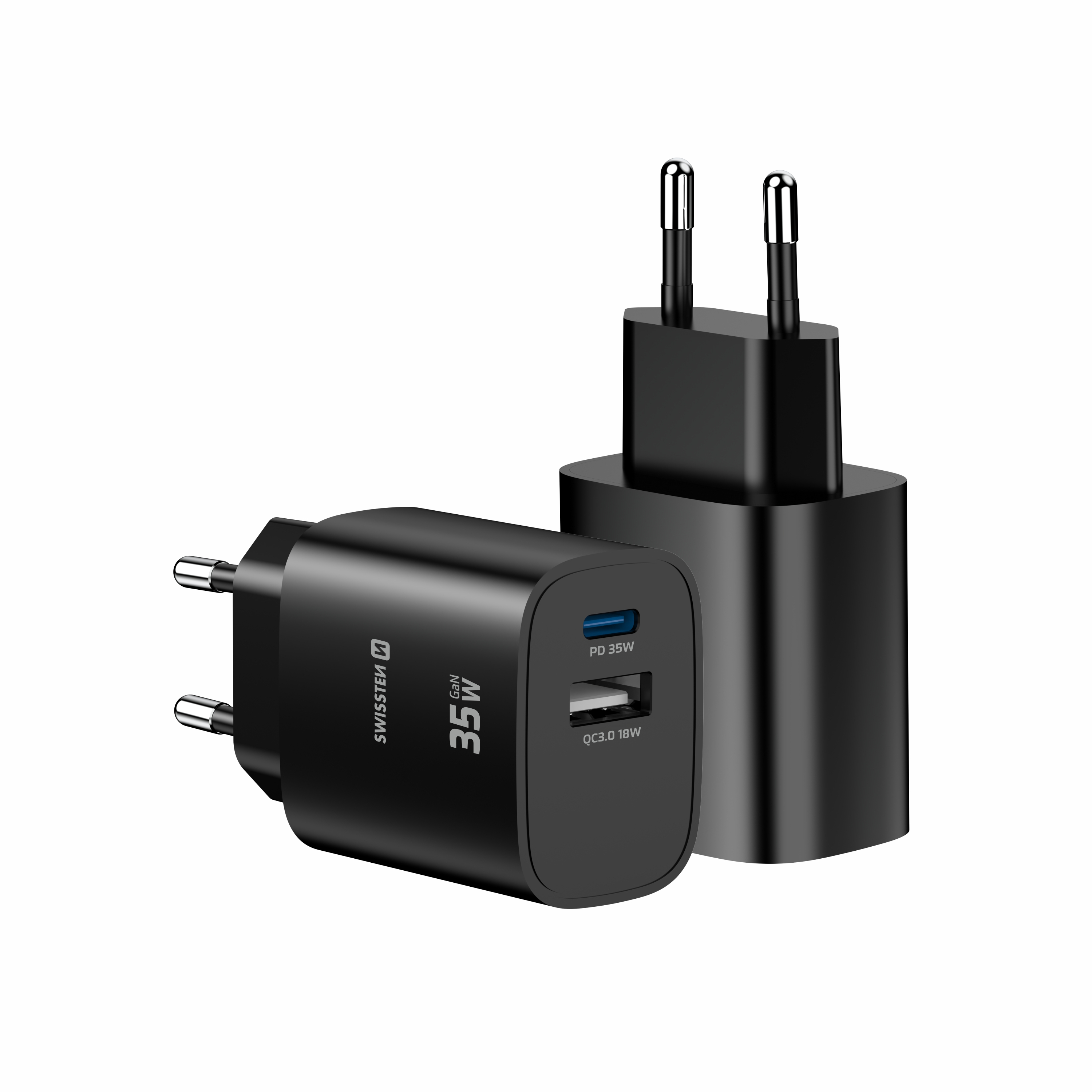 SWISSTEN EDGE GaN síťová nabíječka USB-C + USB-A 35W / 18W – Power Delivery a Quick Charge černá