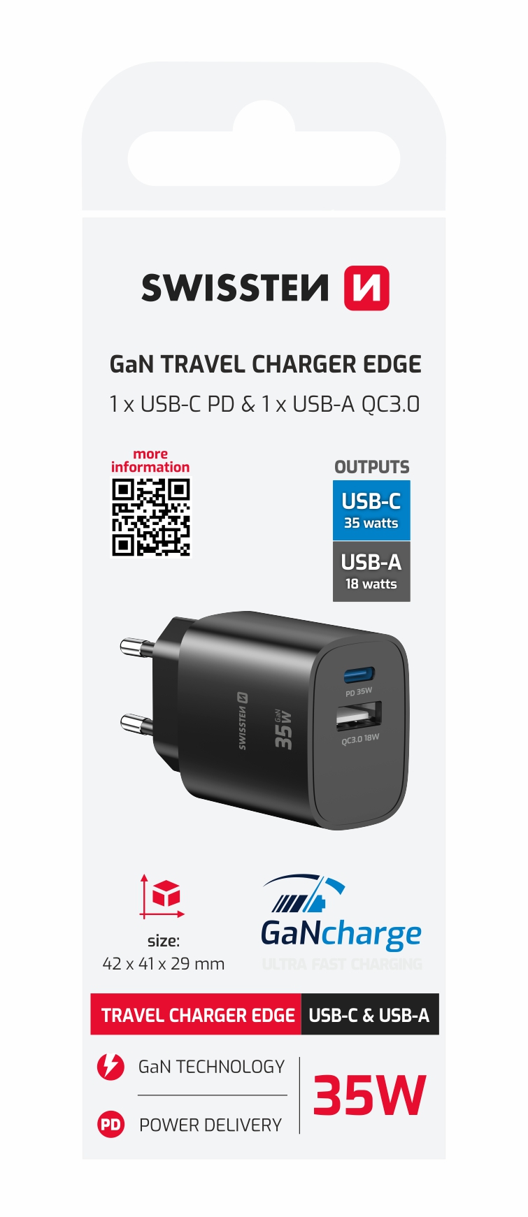 SWISSTEN EDGE GaN síťová nabíječka USB-C + USB-A 35W / 18W – Power Delivery a Quick Charge černá