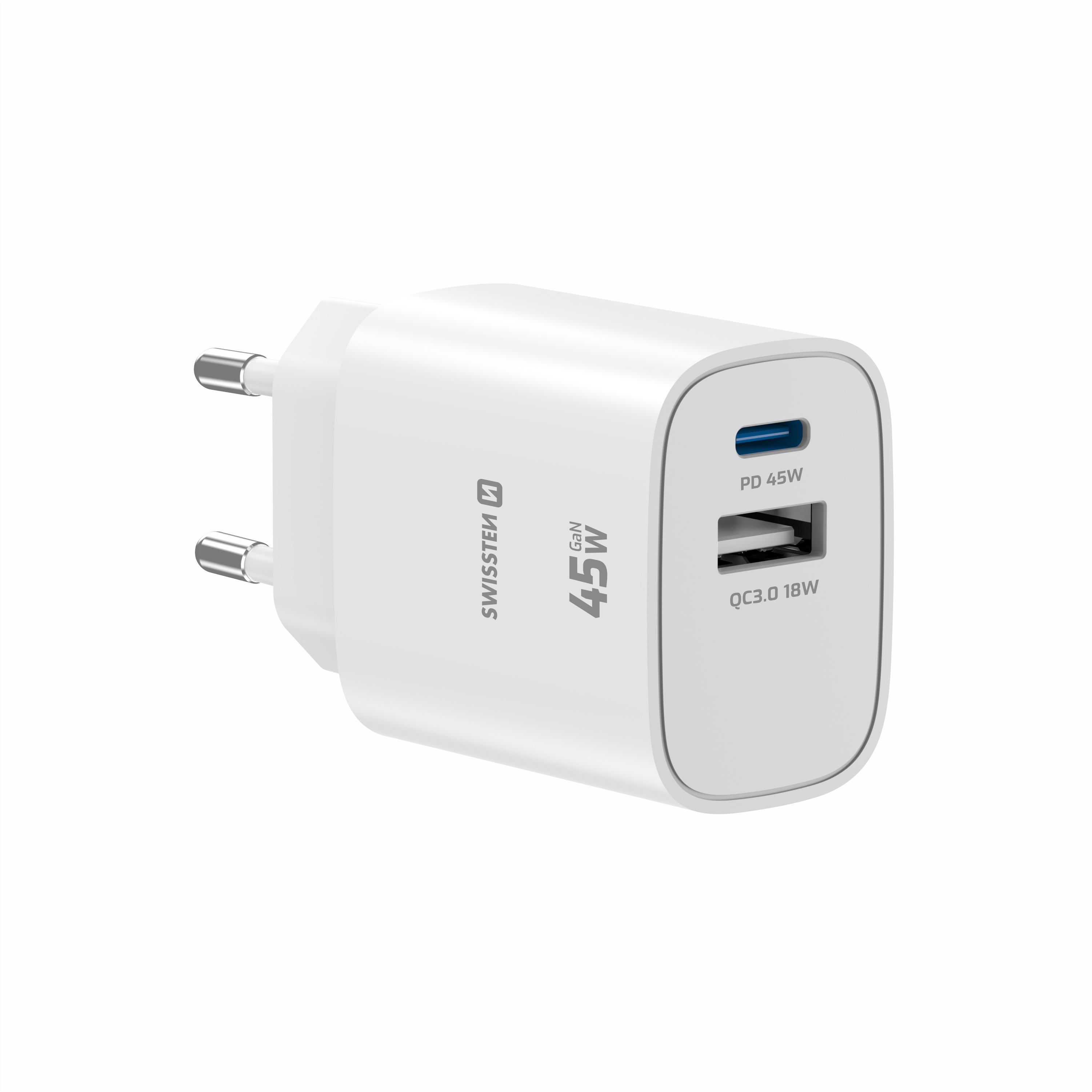 SWISSTEN EDGE GaN síťová nabíječka USB-C + USB-A 45W – Power Delivery i pro notebooky