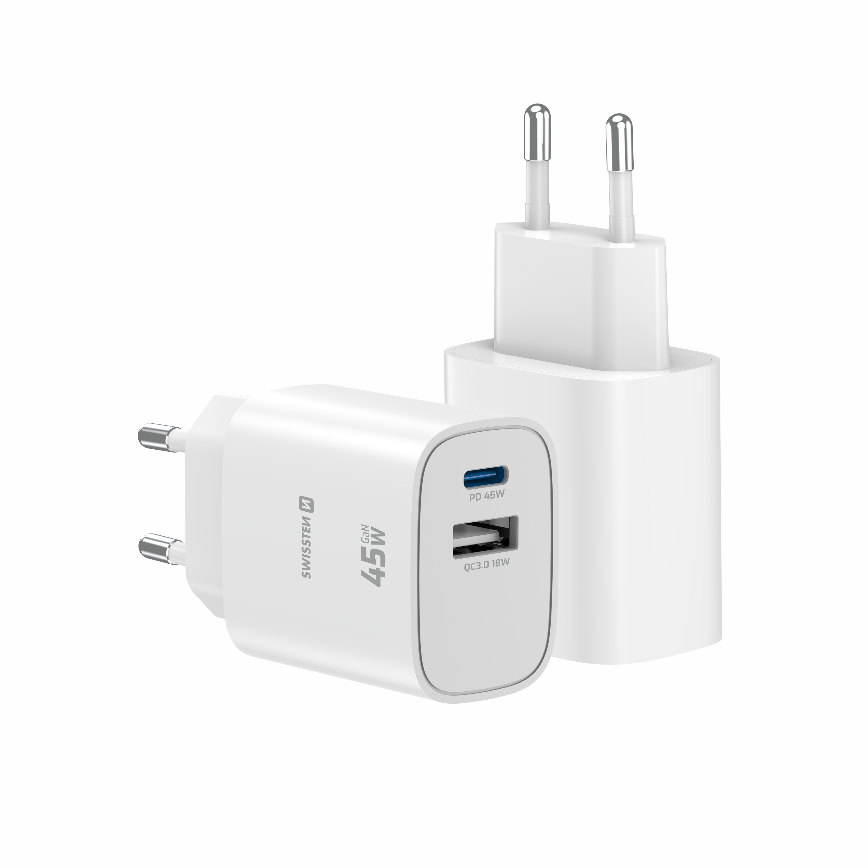 SWISSTEN EDGE GaN síťová nabíječka USB-C + USB-A 45W – Power Delivery i pro notebooky