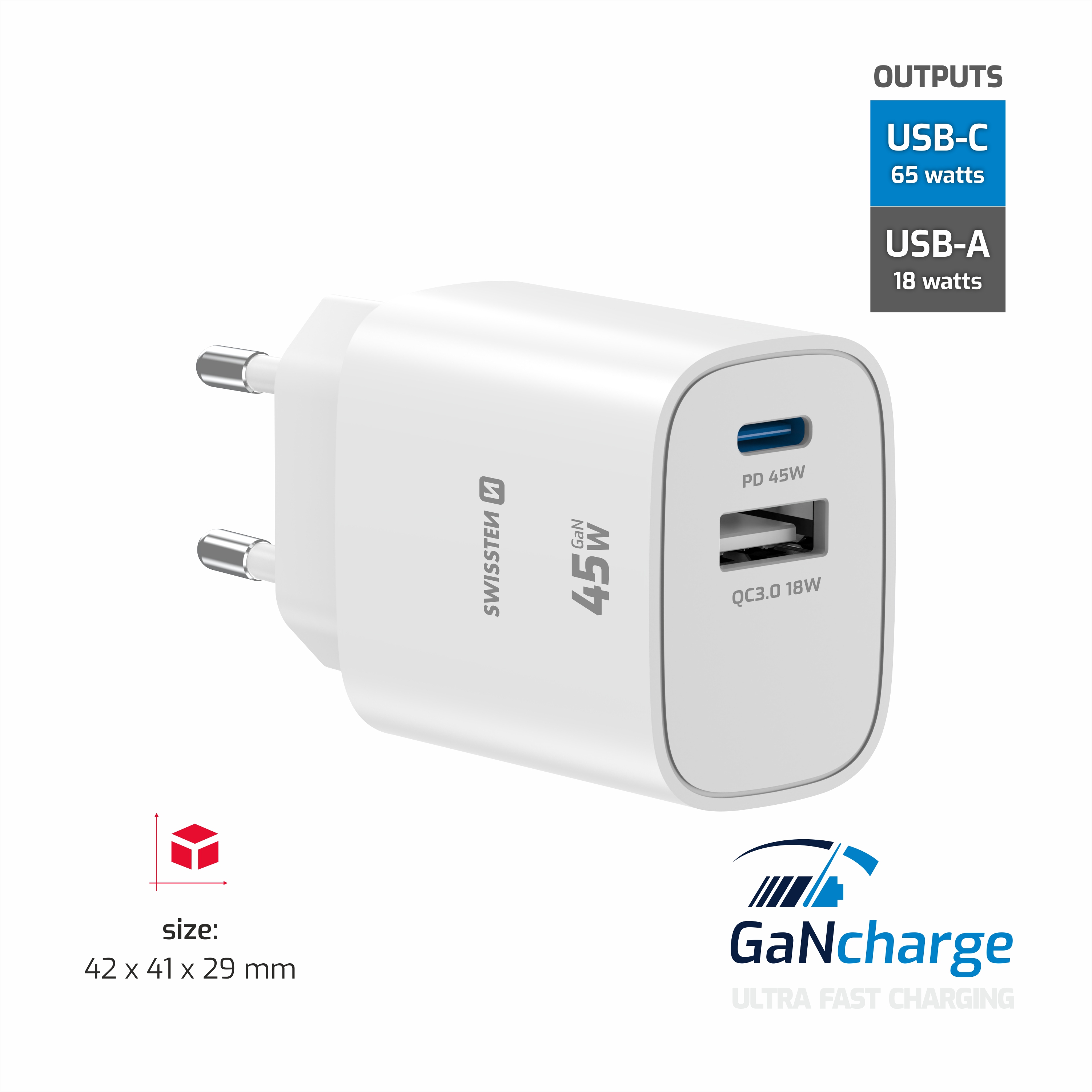 SWISSTEN EDGE GaN síťová nabíječka USB-C + USB-A 45W – Power Delivery i pro notebooky