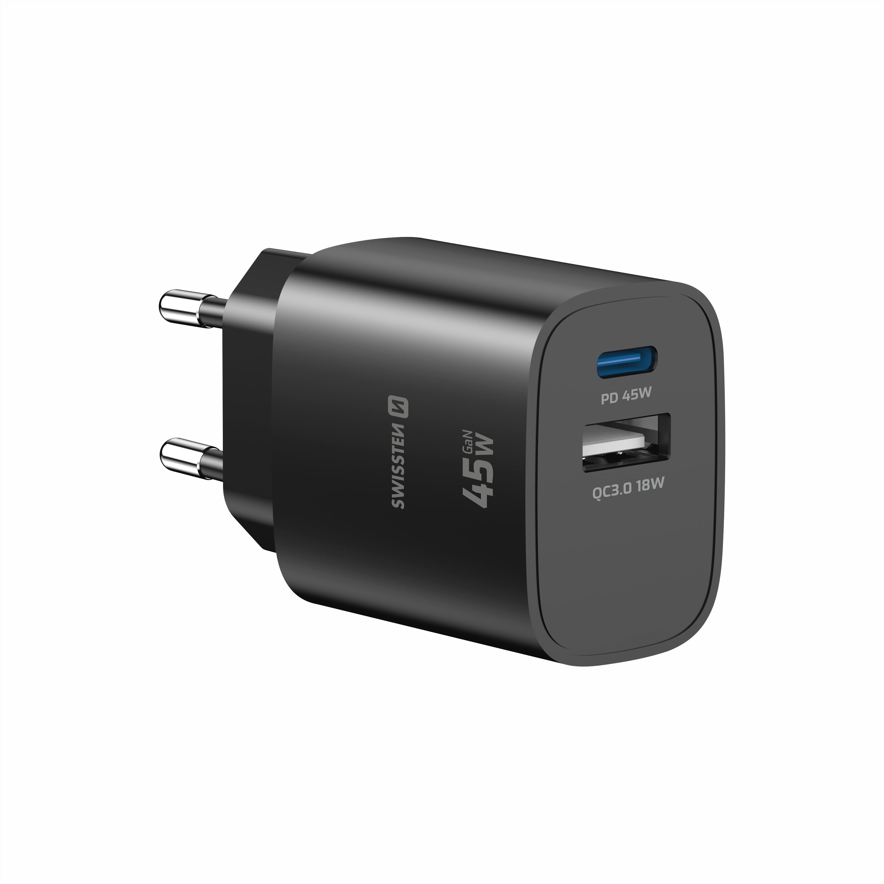 SWISSTEN EDGE GaN síťová nabíječka USB-C + USB-A 45W – Power Delivery i pro notebooky černá