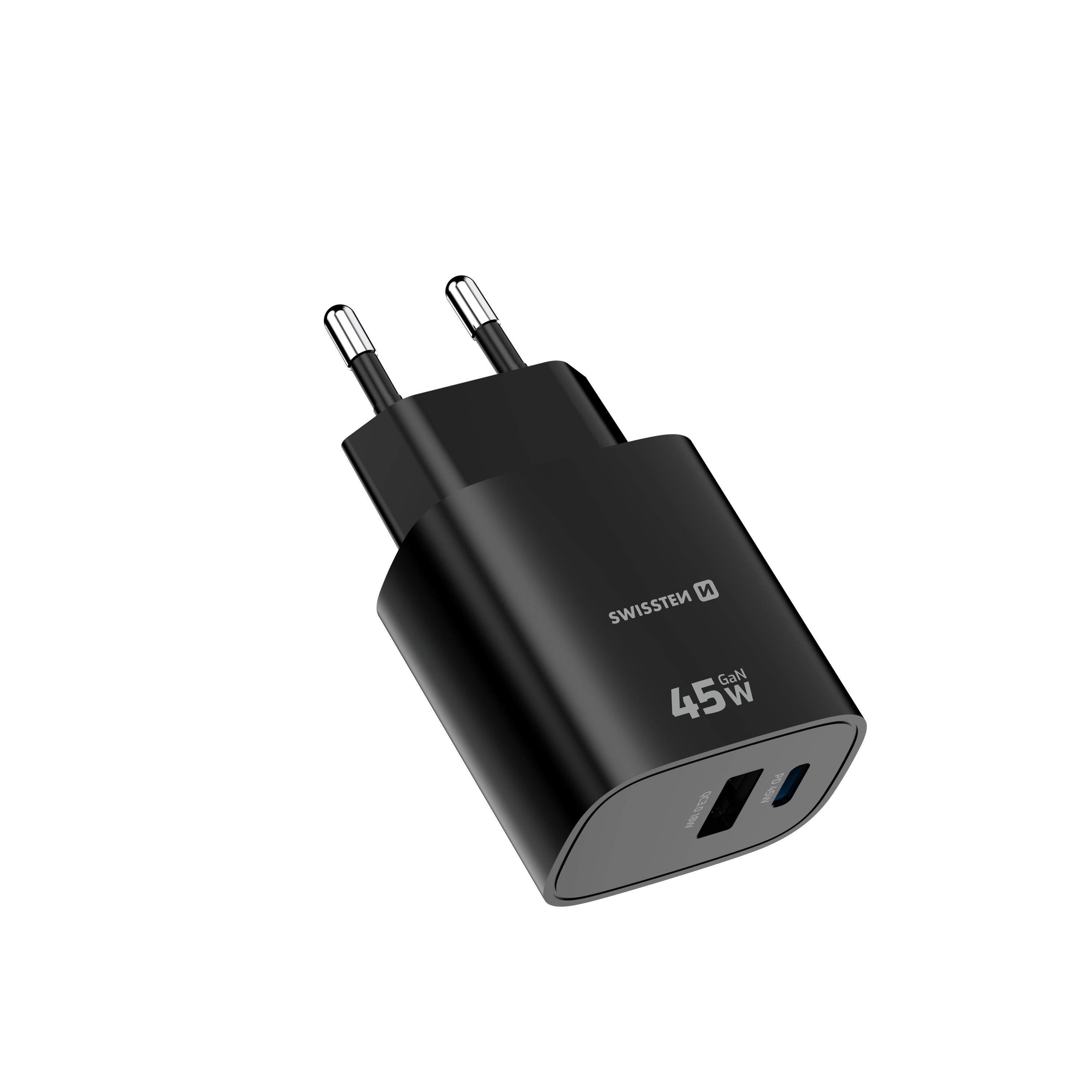 SWISSTEN EDGE GaN síťová nabíječka USB-C + USB-A 45W – Power Delivery i pro notebooky černá