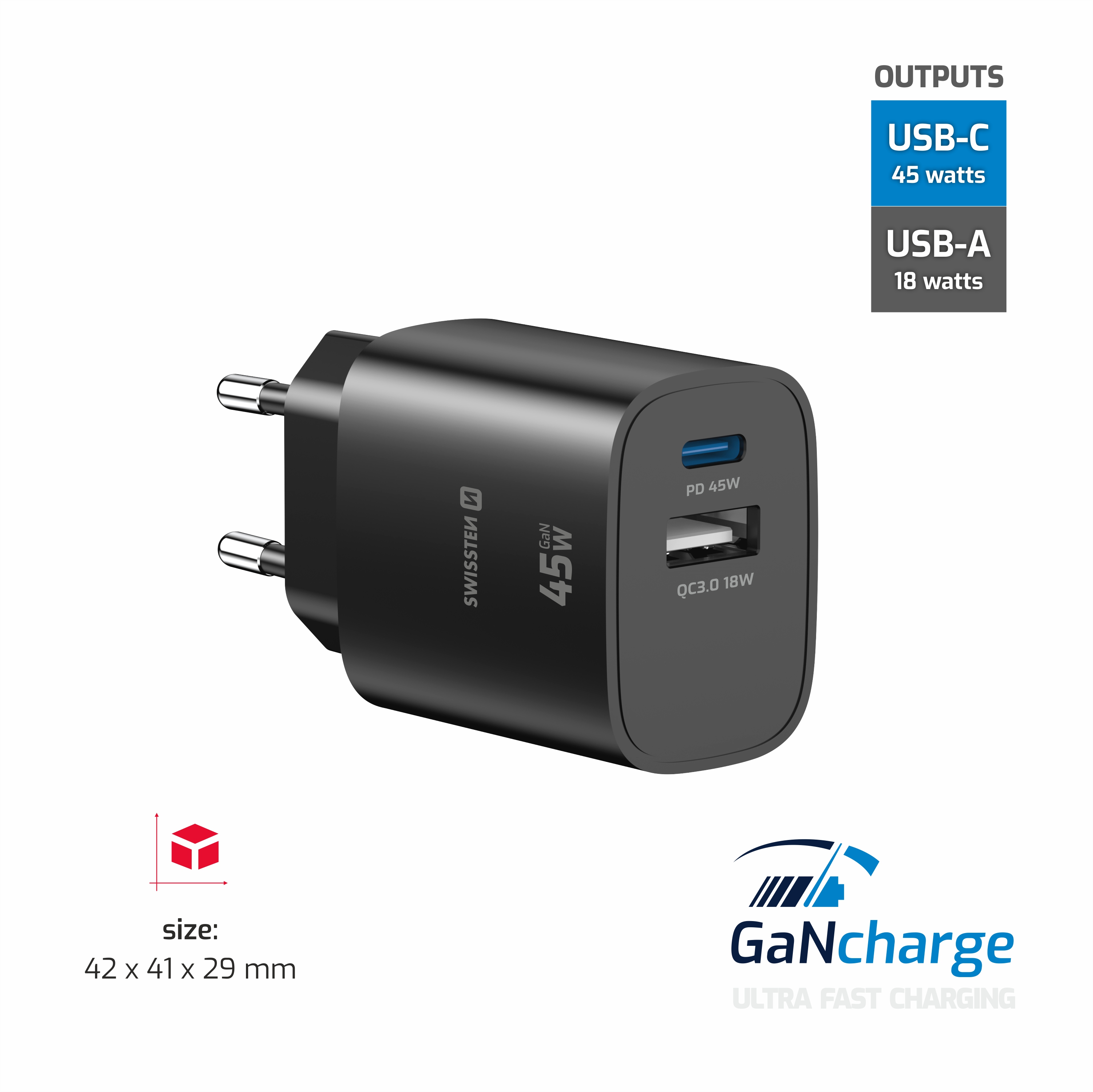 SWISSTEN EDGE GaN síťová nabíječka USB-C + USB-A 45W – Power Delivery i pro notebooky černá