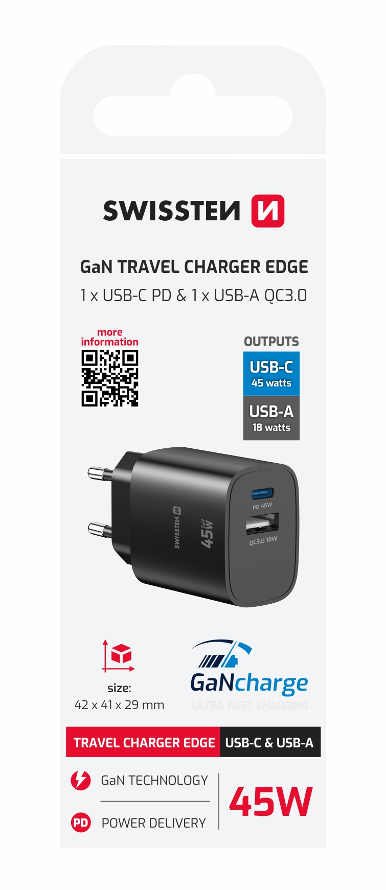 SWISSTEN EDGE GaN síťová nabíječka USB-C + USB-A 45W – Power Delivery i pro notebooky černá