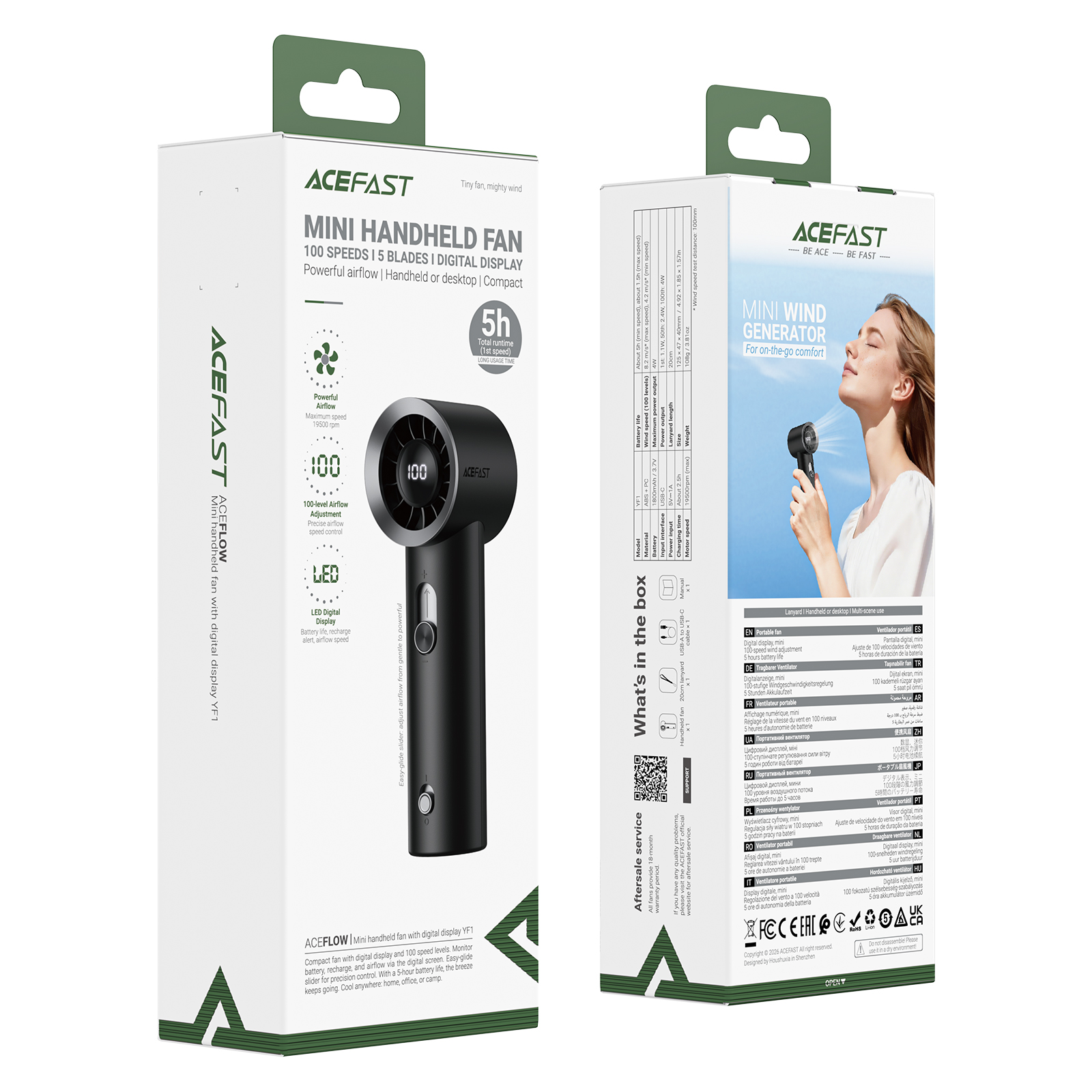 Acefast YF1 Přenosný ventilátor ruční foukač s displejem 19 500 ot./min 1800 mAh
