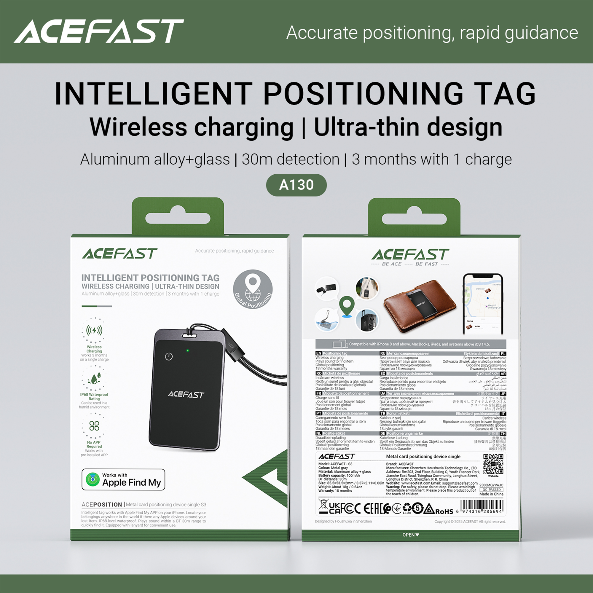 Acefast Lokátor TAG S3 kovová karta Apple Find My