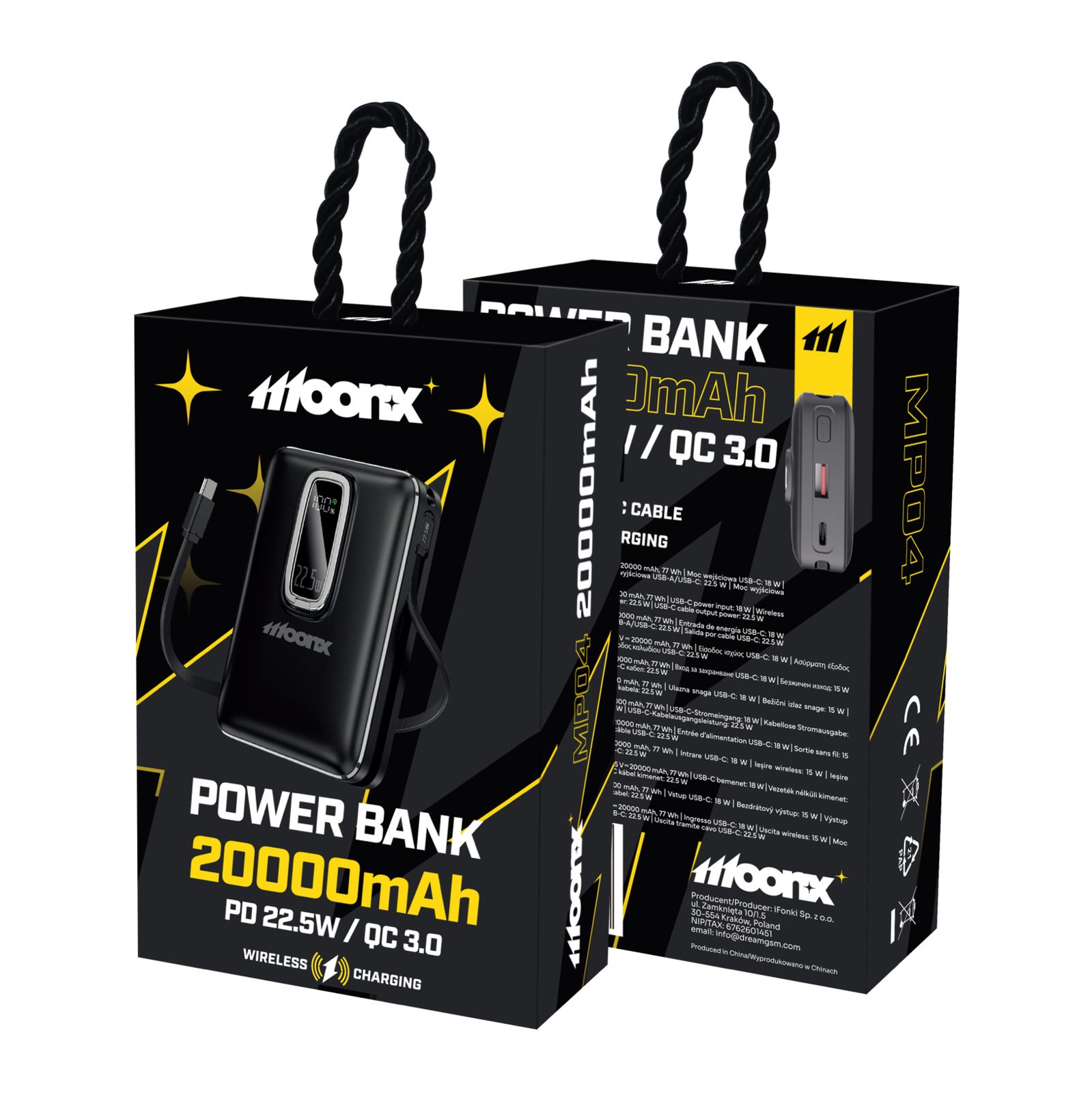 MOONX powerbanka MagSafe MP04 20 000mAh PD 22,5W 1 x USB-C + 1 x USB QC3.0 22.5W černá