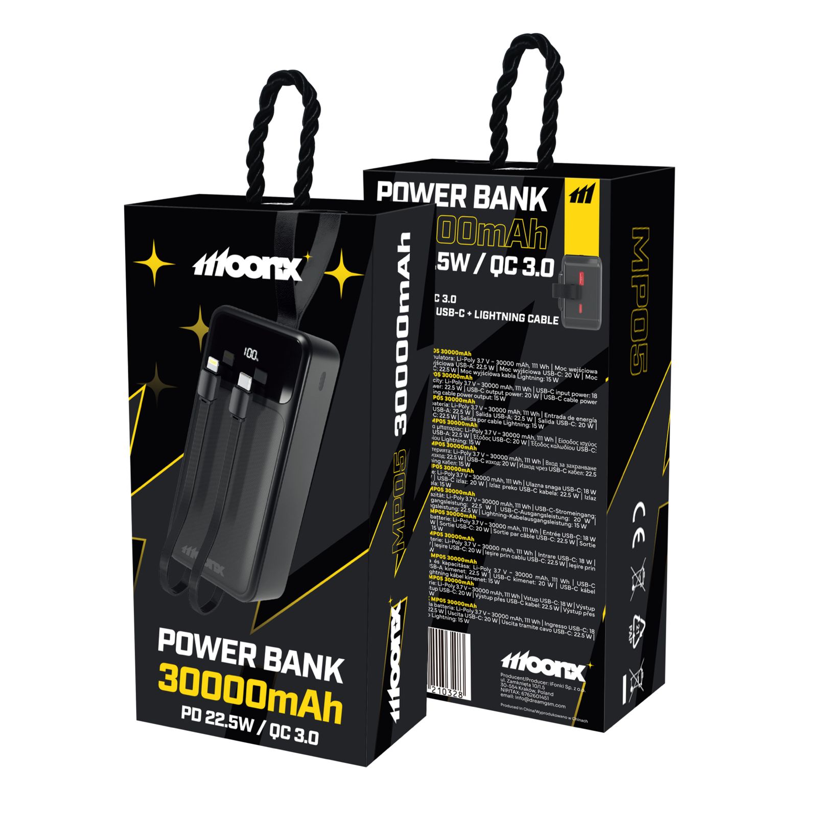 MOONX powerbanka MP05 30 000 mAh PD 20W 1 x USB-C + 1 x USB QC3.0 22.5W černá