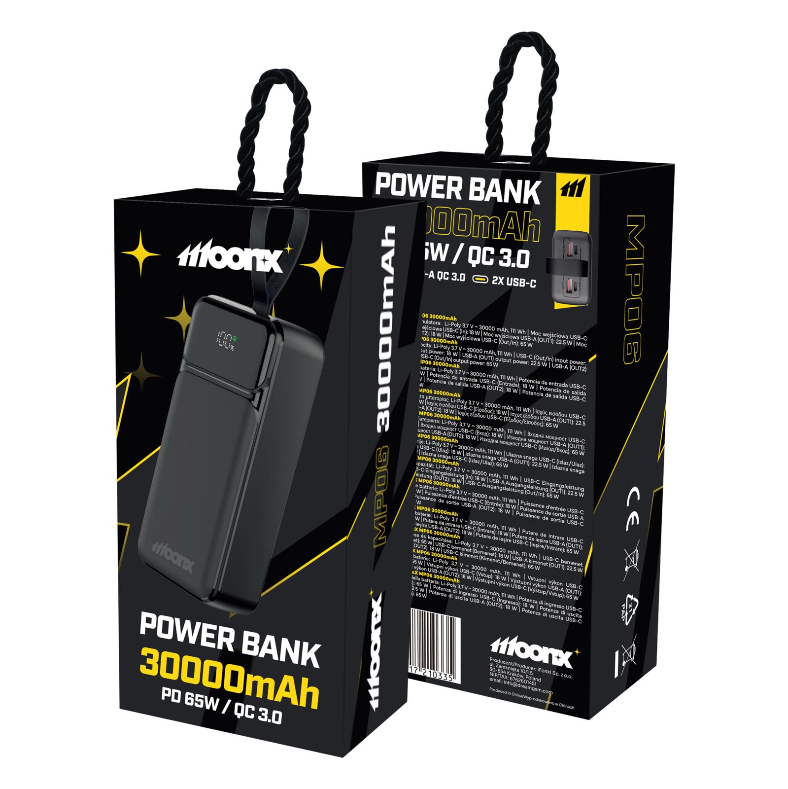 MOONX powerbanka MP06 30 000 mAh PD 65W 2 x USB-C + 2 x USB QC3.0 22.5W černá
