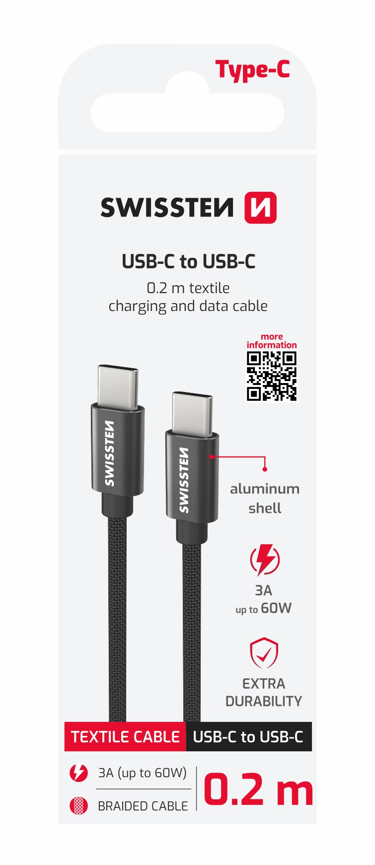 SWISSTEN Textilní datový kabel USB-C / USB-C 0,2m černý