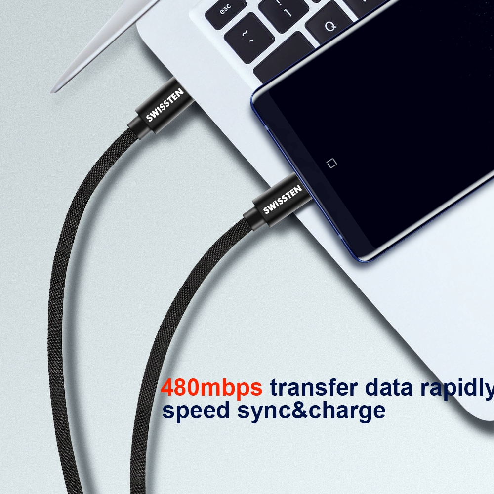 SWISSTEN Textilní datový kabel USB-C / USB-C 0,2m stříbrný