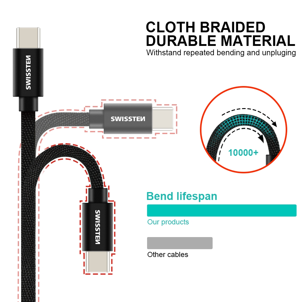 SWISSTEN Textilní datový kabel USB-C / USB-C 0,2m stříbrný
