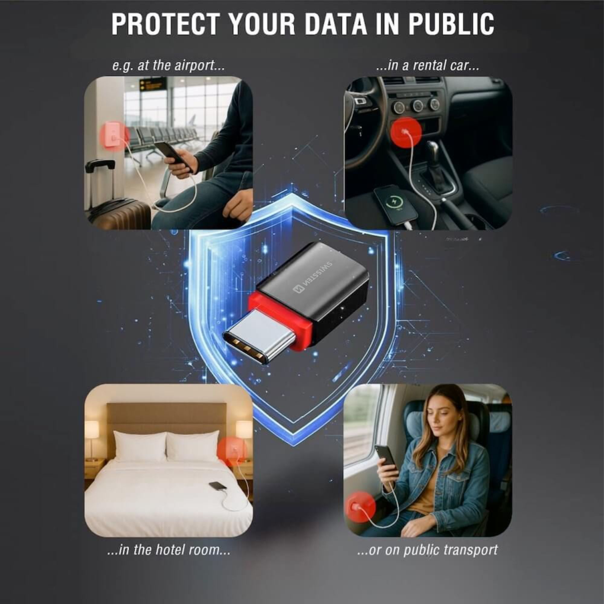 SWISSTEN DataGuard nabíjecí adaptér s blokací dat USB-C - USB-C černý