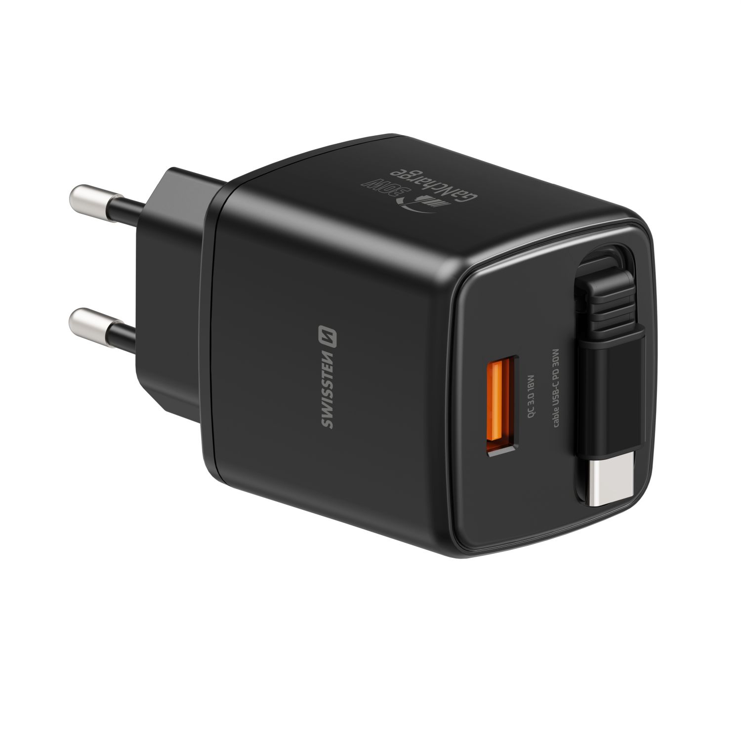 SWISSTEN Síťová nabíječka SlideCharge GaN 30W + USB-A 18W s výsuvným USB-C kabelem 0,75 m černá