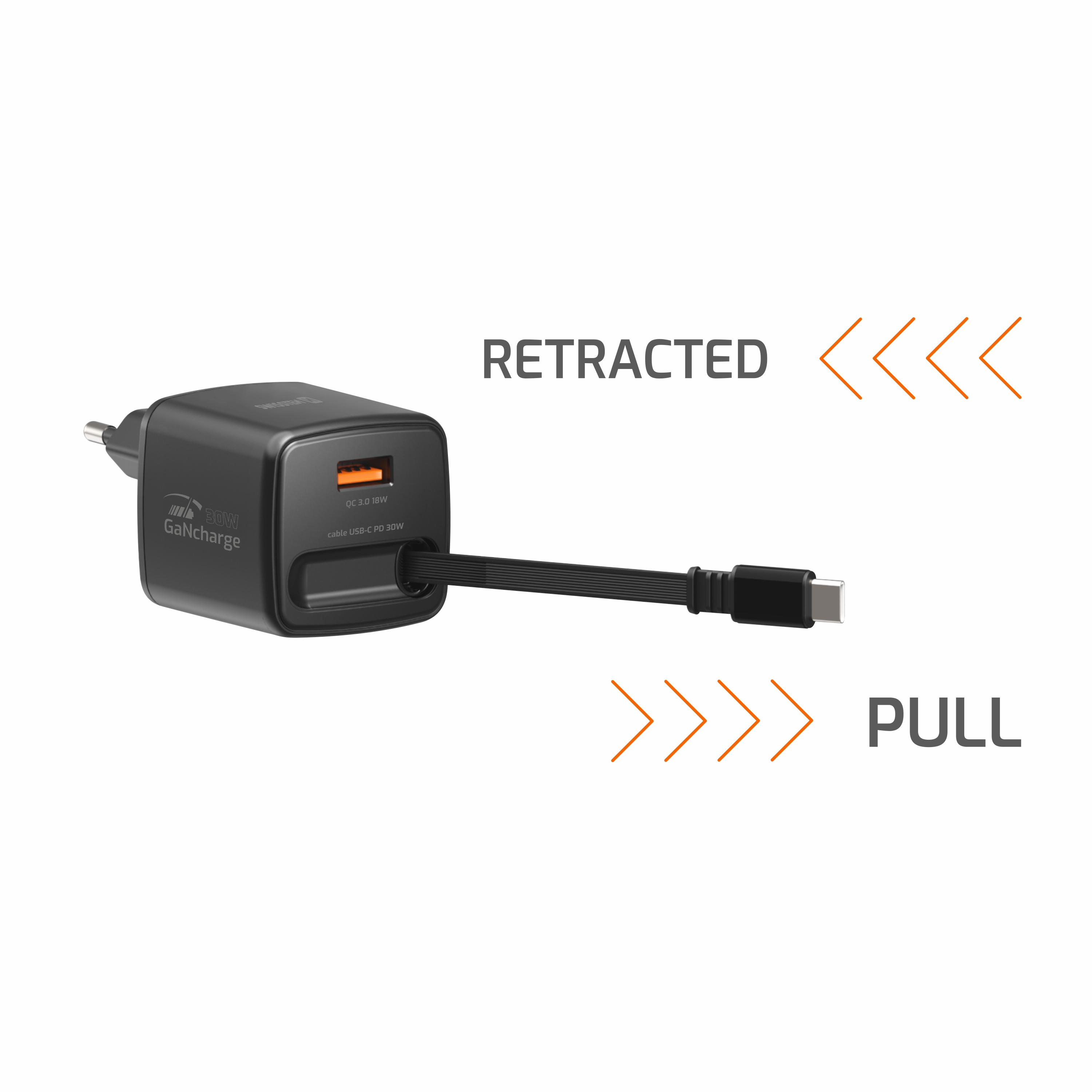 SWISSTEN Síťová nabíječka SlideCharge GaN 30W + USB-A 18W s výsuvným USB-C kabelem 0,75 m černá