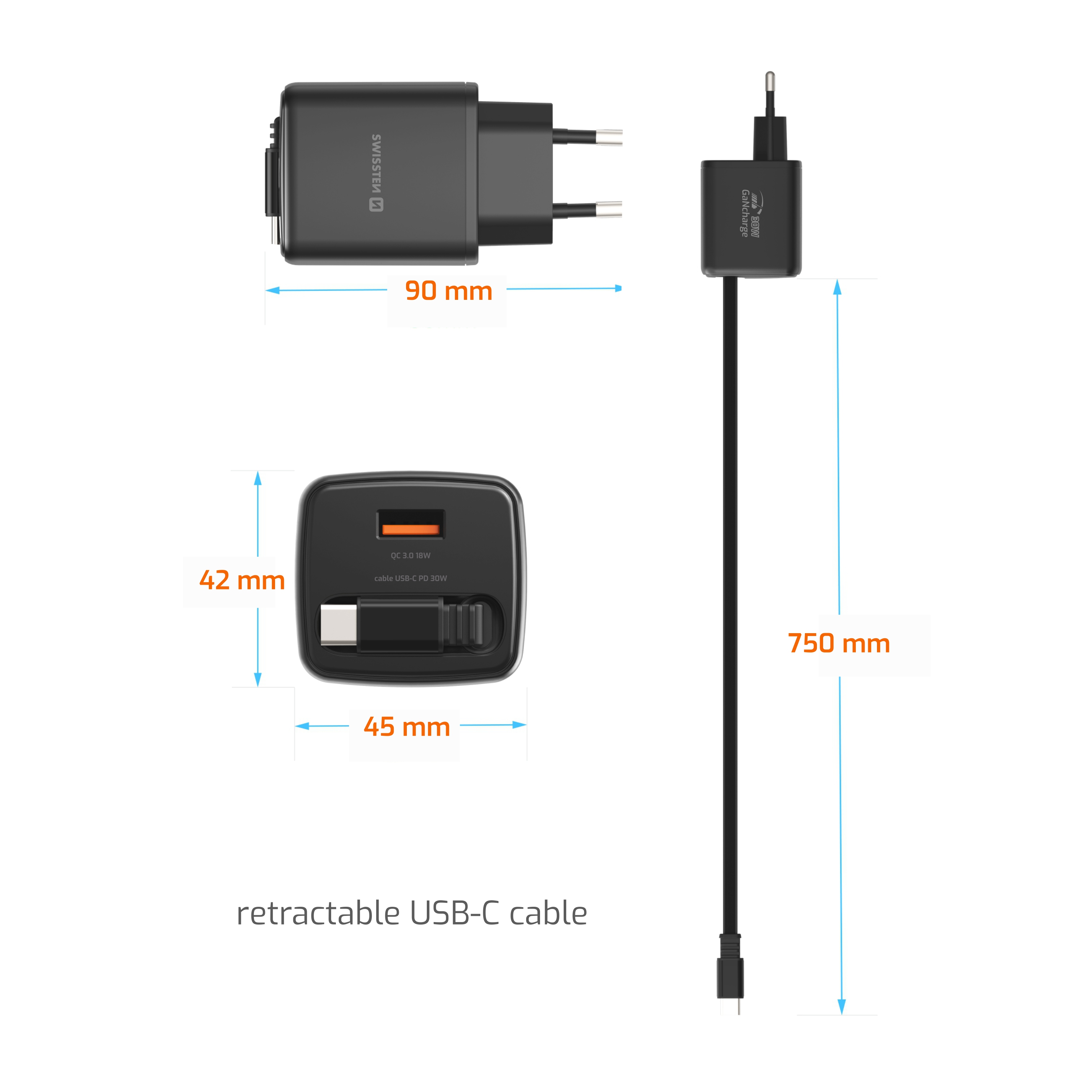 SWISSTEN Síťová nabíječka SlideCharge GaN 30W + USB-A 18W s výsuvným USB-C kabelem 0,75 m černá