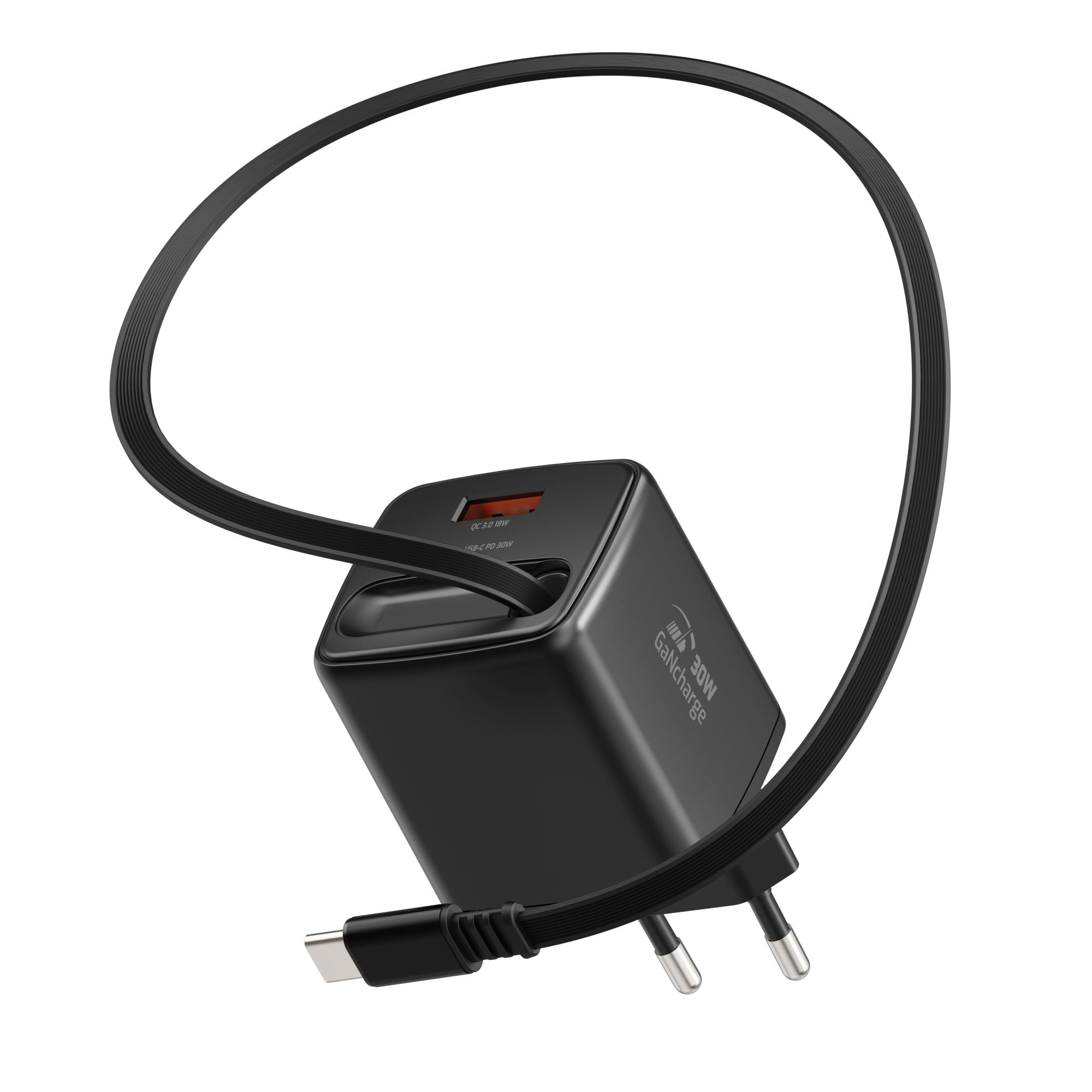 SWISSTEN Síťová nabíječka SlideCharge GaN 30W + USB-A 18W s výsuvným USB-C kabelem 0,75 m černá