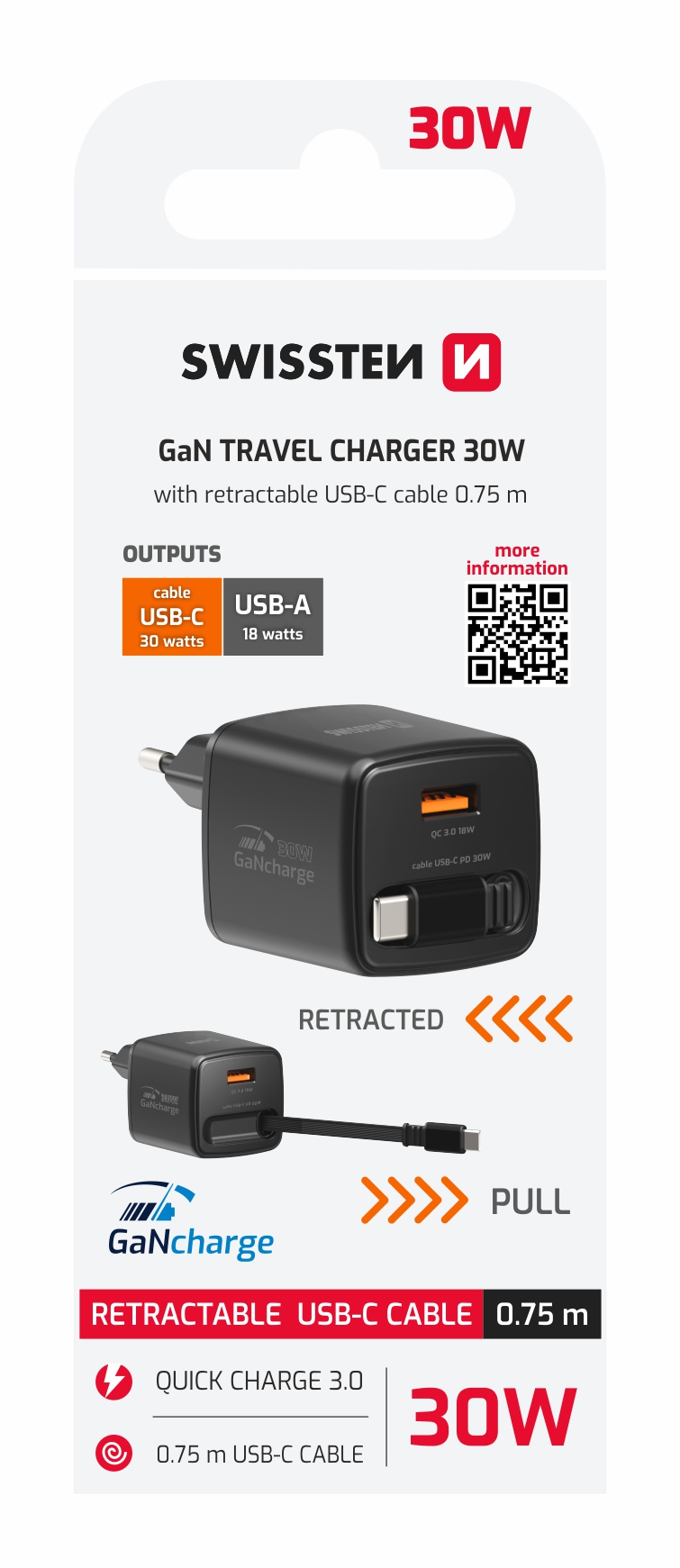 SWISSTEN Síťová nabíječka SlideCharge GaN 30W + USB-A 18W s výsuvným USB-C kabelem 0,75 m černá