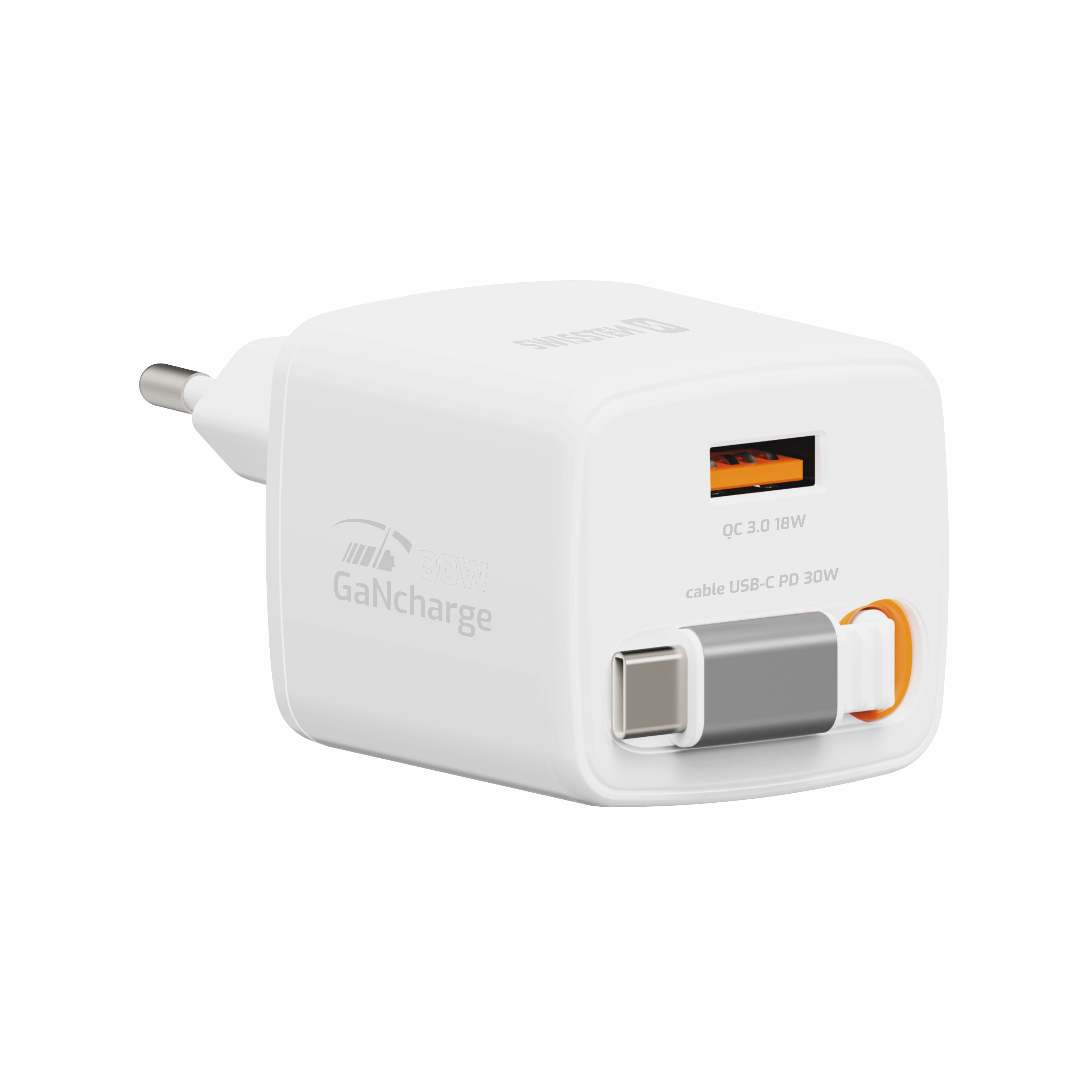 SWISSTEN Síťová nabíječka SlideCharge GaN 30W + USB-A 18W s výsuvným USB-C kabelem 0,75 m bílá