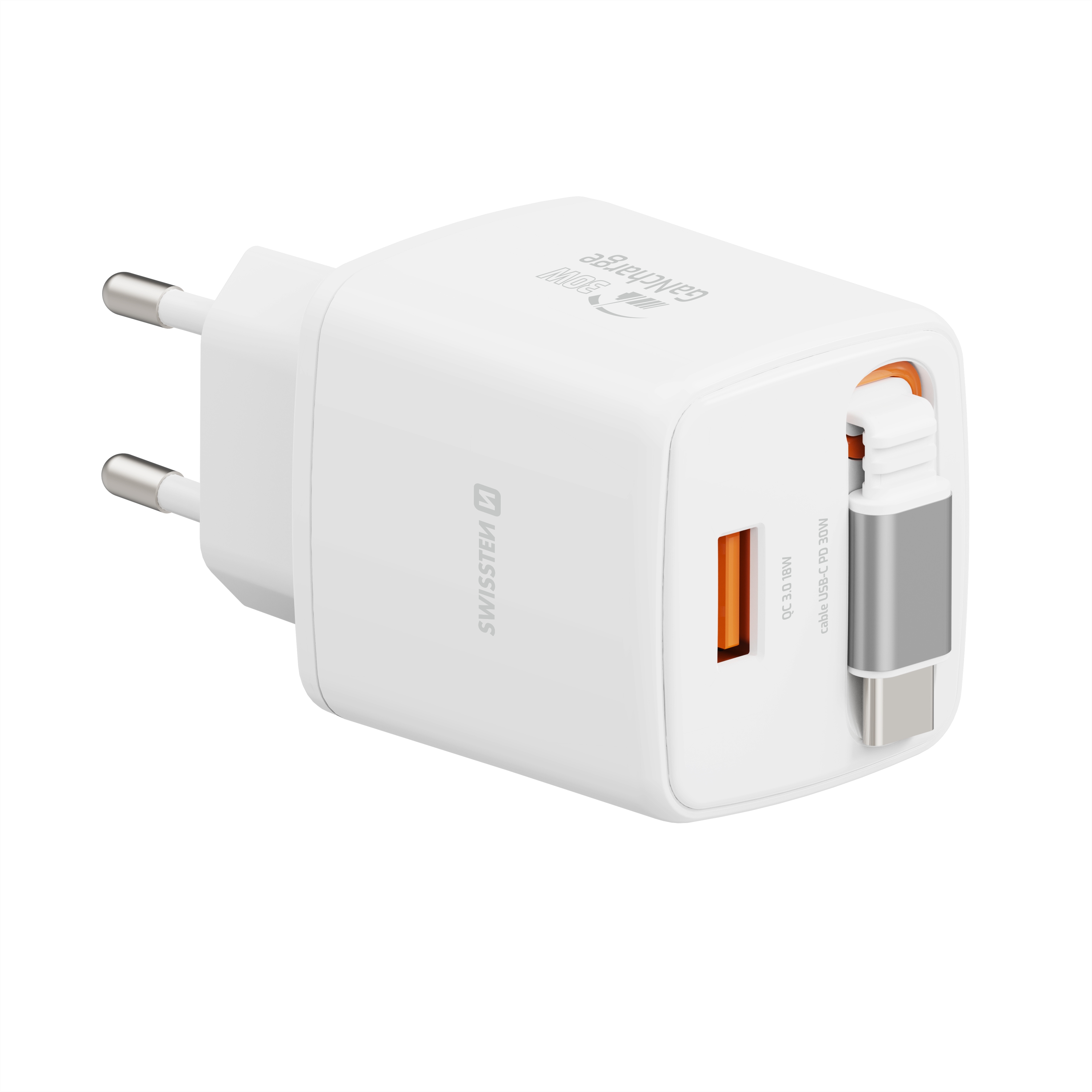 SWISSTEN Síťová nabíječka SlideCharge GaN 30W + USB-A 18W s výsuvným USB-C kabelem 0,75 m bílá
