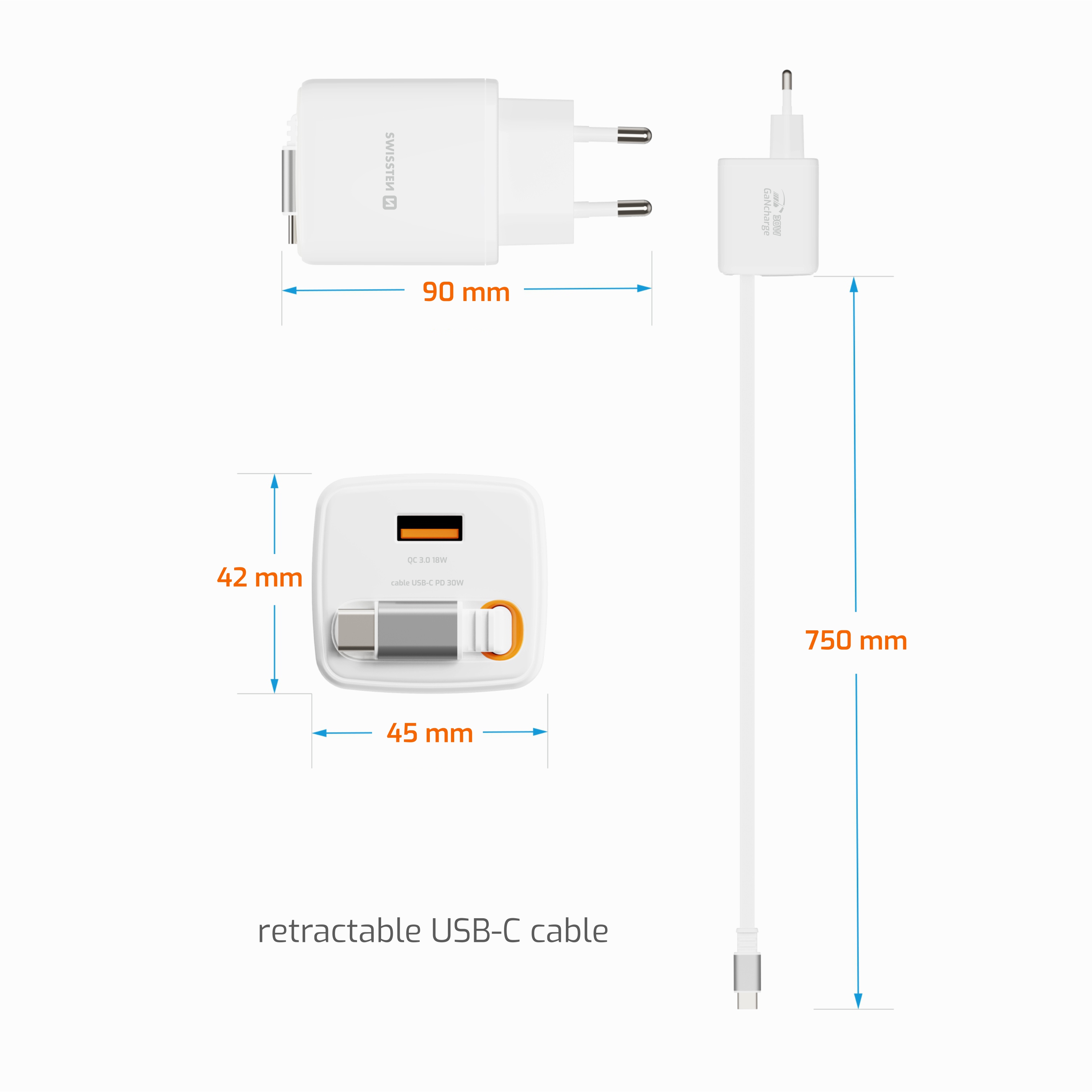 SWISSTEN Síťová nabíječka SlideCharge GaN 30W + USB-A 18W s výsuvným USB-C kabelem 0,75 m bílá