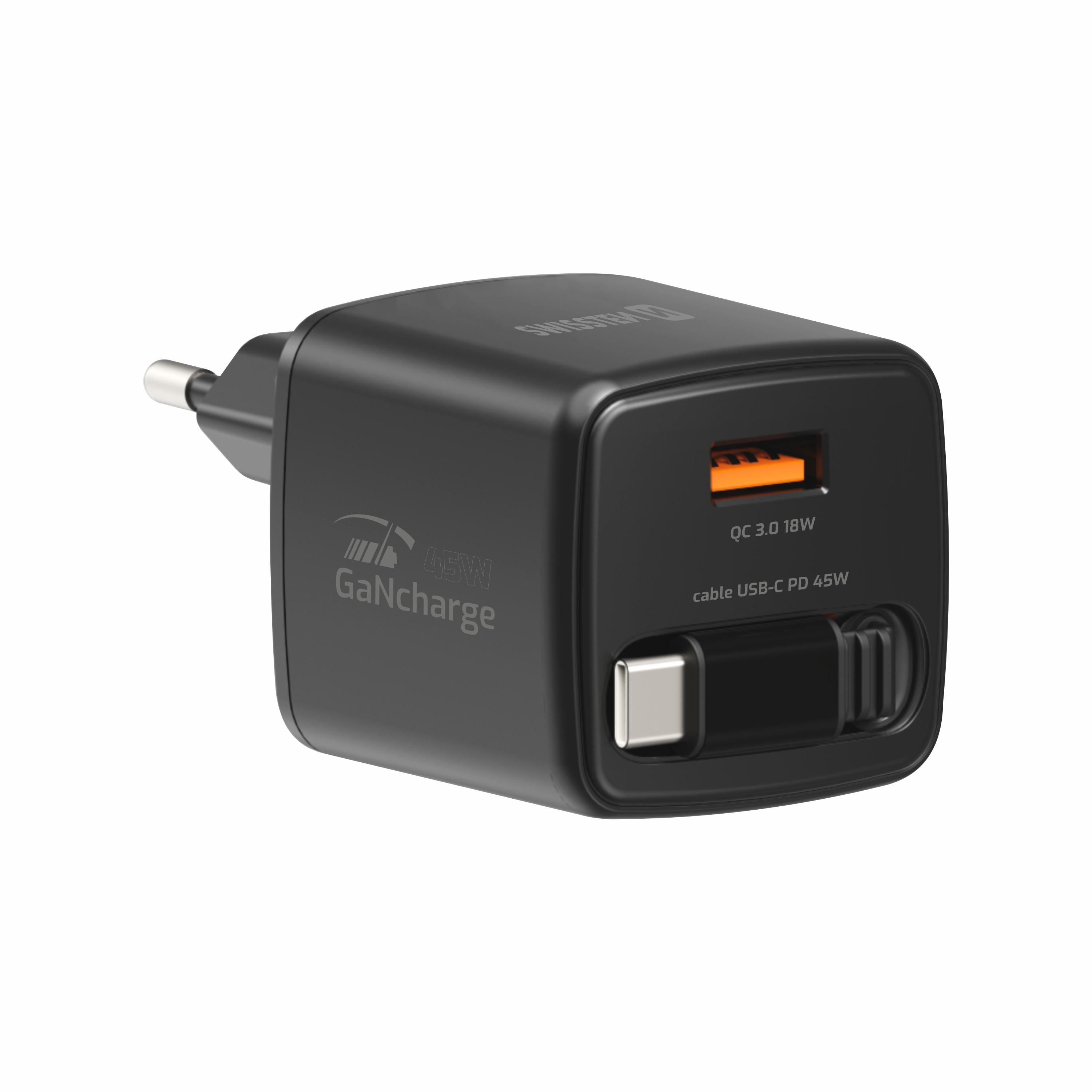 SWISSTEN Síťová nabíječka SlideCharge GaN 45W + USB-A 18W s výsuvným USB-C kabelem 0,75 m černá