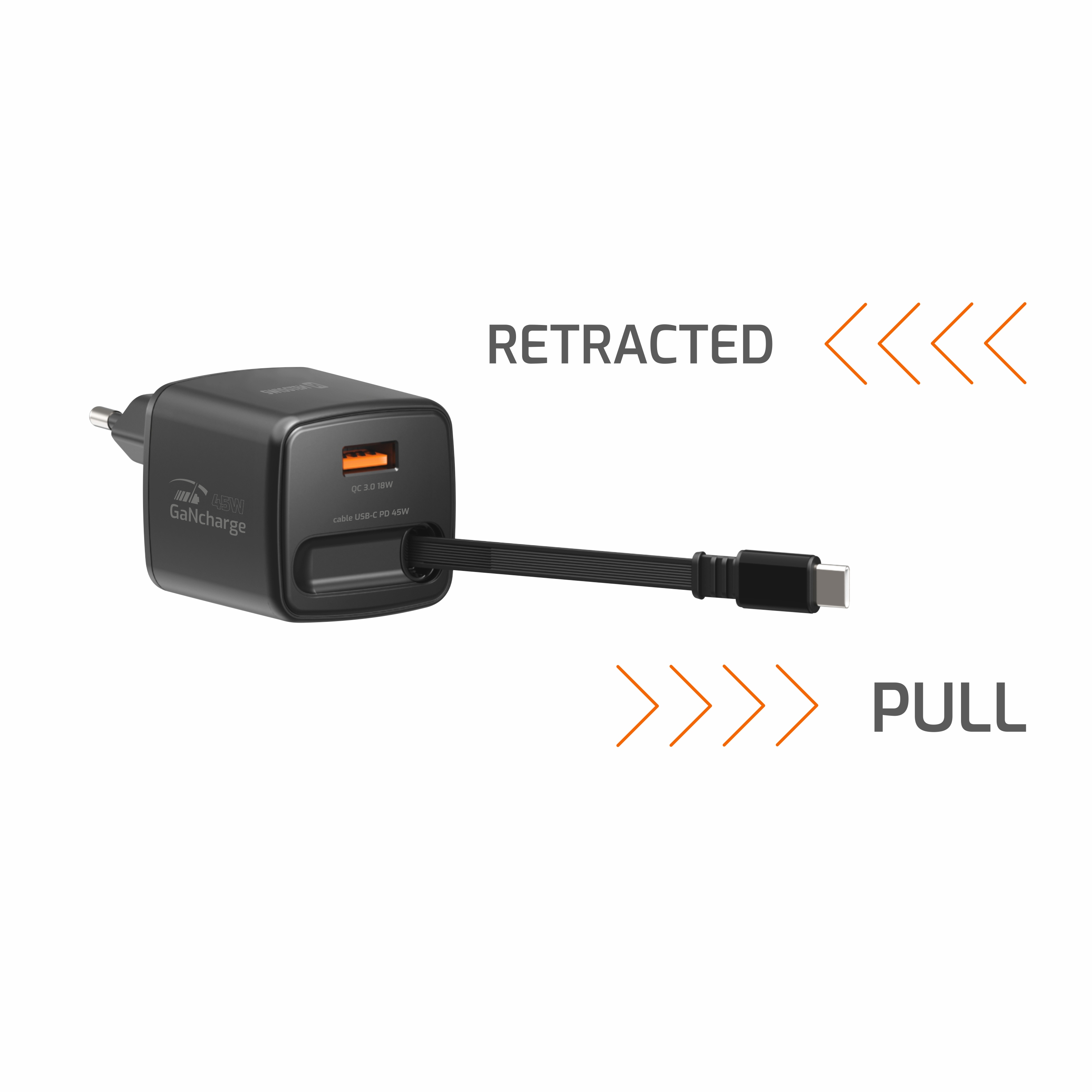 SWISSTEN Síťová nabíječka SlideCharge GaN 45W + USB-A 18W s výsuvným USB-C kabelem 0,75 m černá