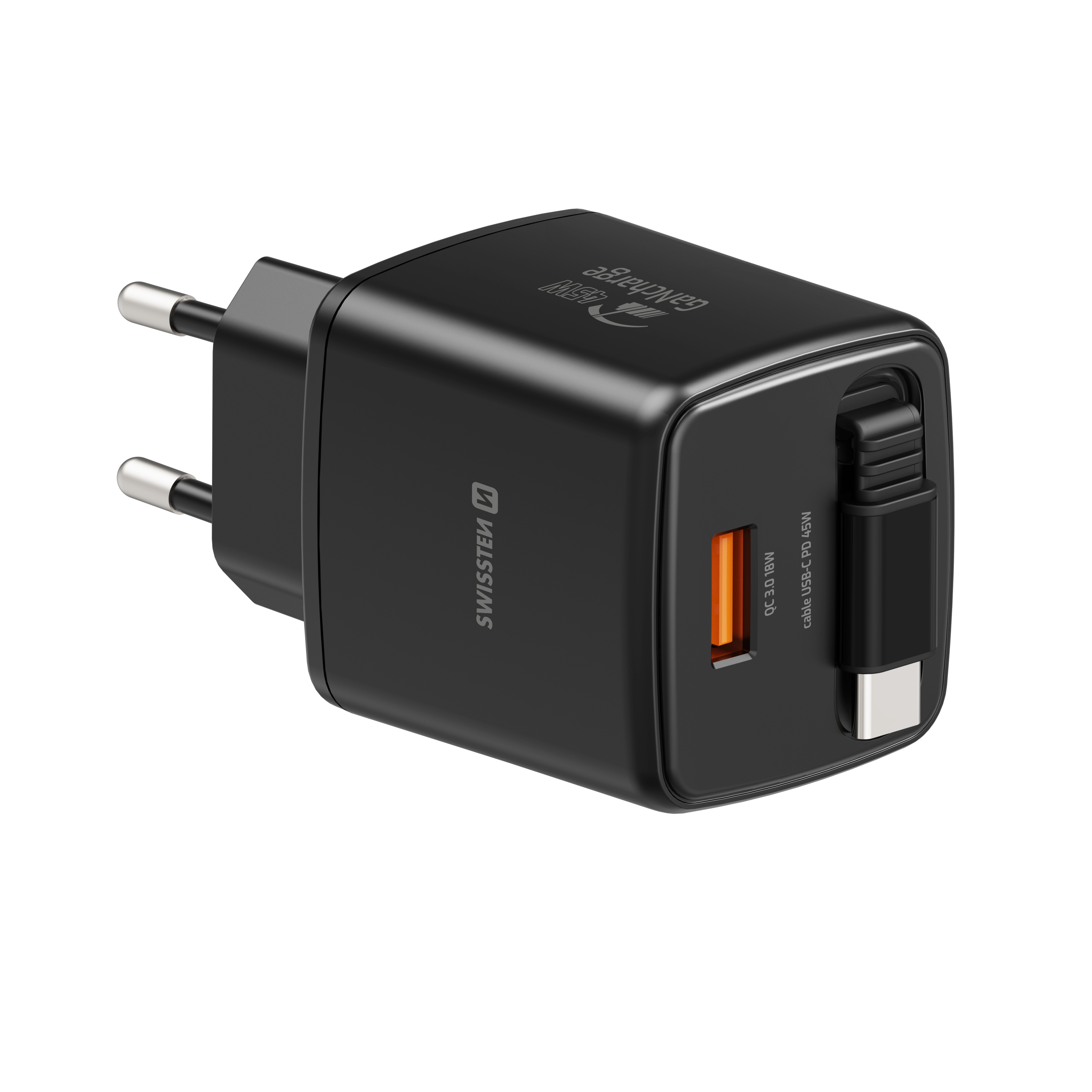 SWISSTEN Síťová nabíječka SlideCharge GaN 45W + USB-A 18W s výsuvným USB-C kabelem 0,75 m černá