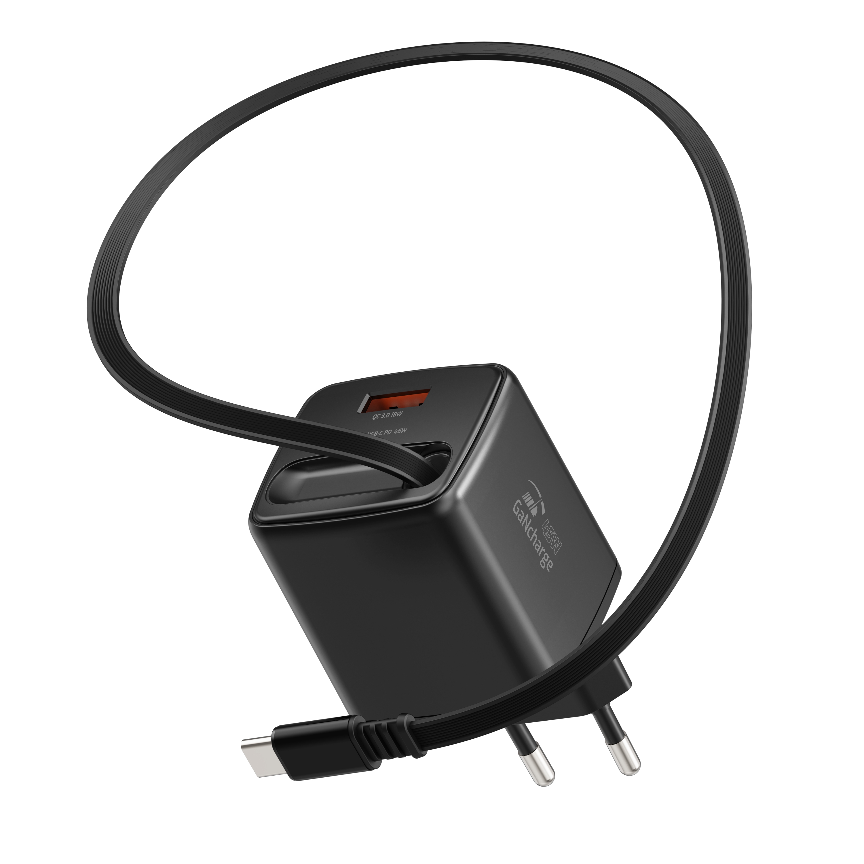 SWISSTEN Síťová nabíječka SlideCharge GaN 45W + USB-A 18W s výsuvným USB-C kabelem 0,75 m černá