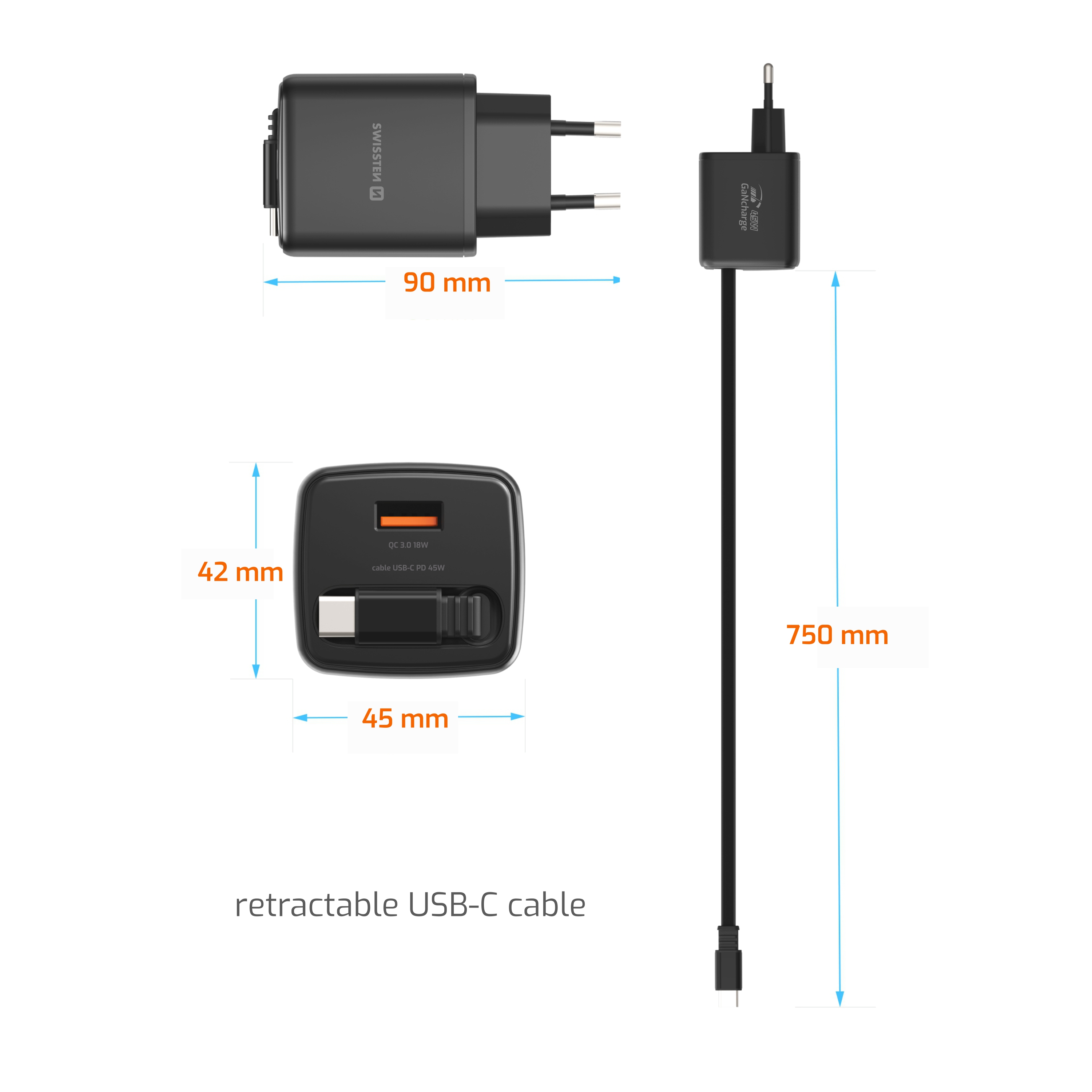 SWISSTEN Síťová nabíječka SlideCharge GaN 45W + USB-A 18W s výsuvným USB-C kabelem 0,75 m černá