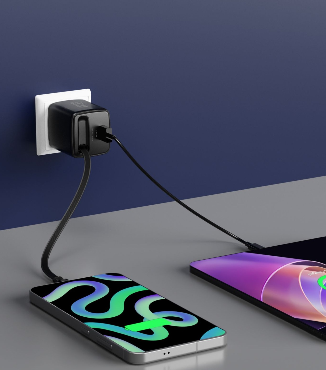 SWISSTEN Síťová nabíječka SlideCharge GaN 45W + USB-A 18W s výsuvným USB-C kabelem 0,75 m černá