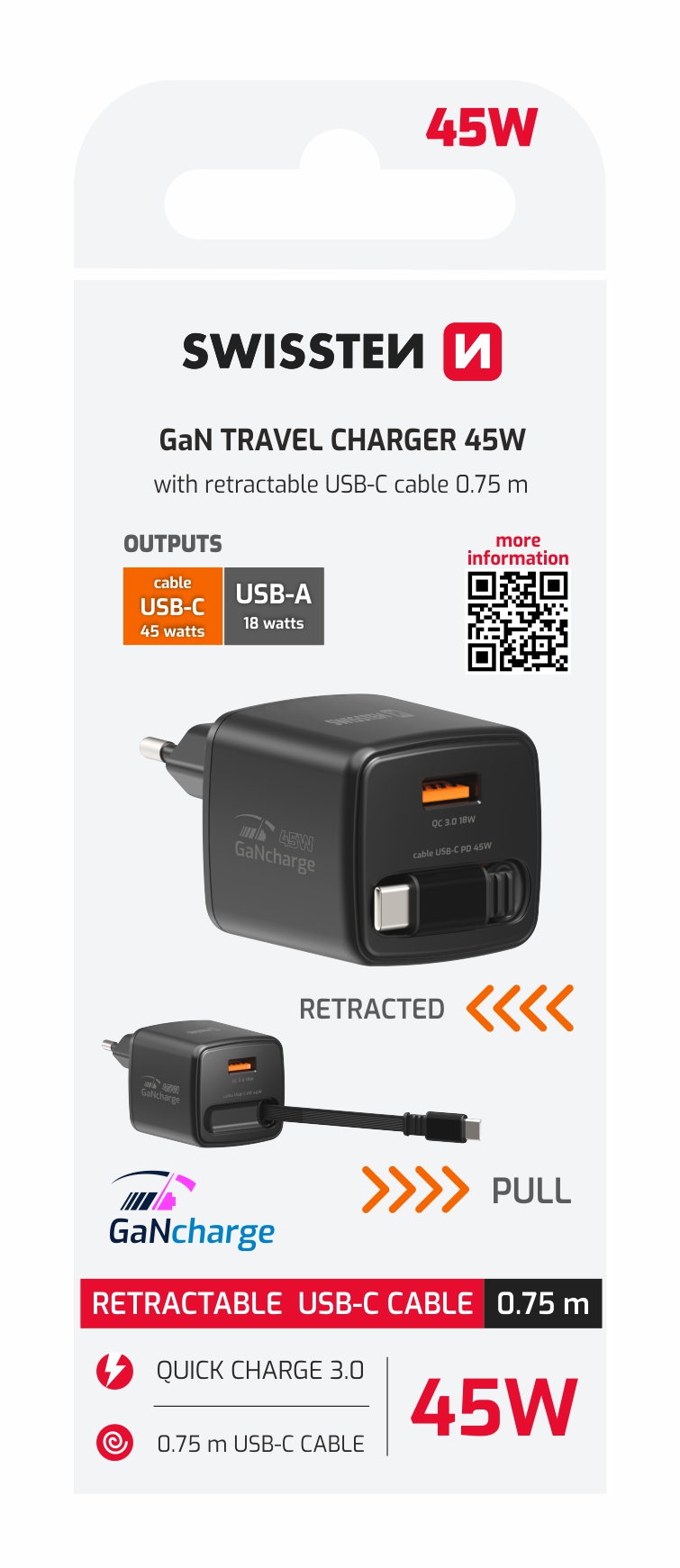 SWISSTEN Síťová nabíječka SlideCharge GaN 45W + USB-A 18W s výsuvným USB-C kabelem 0,75 m černá
