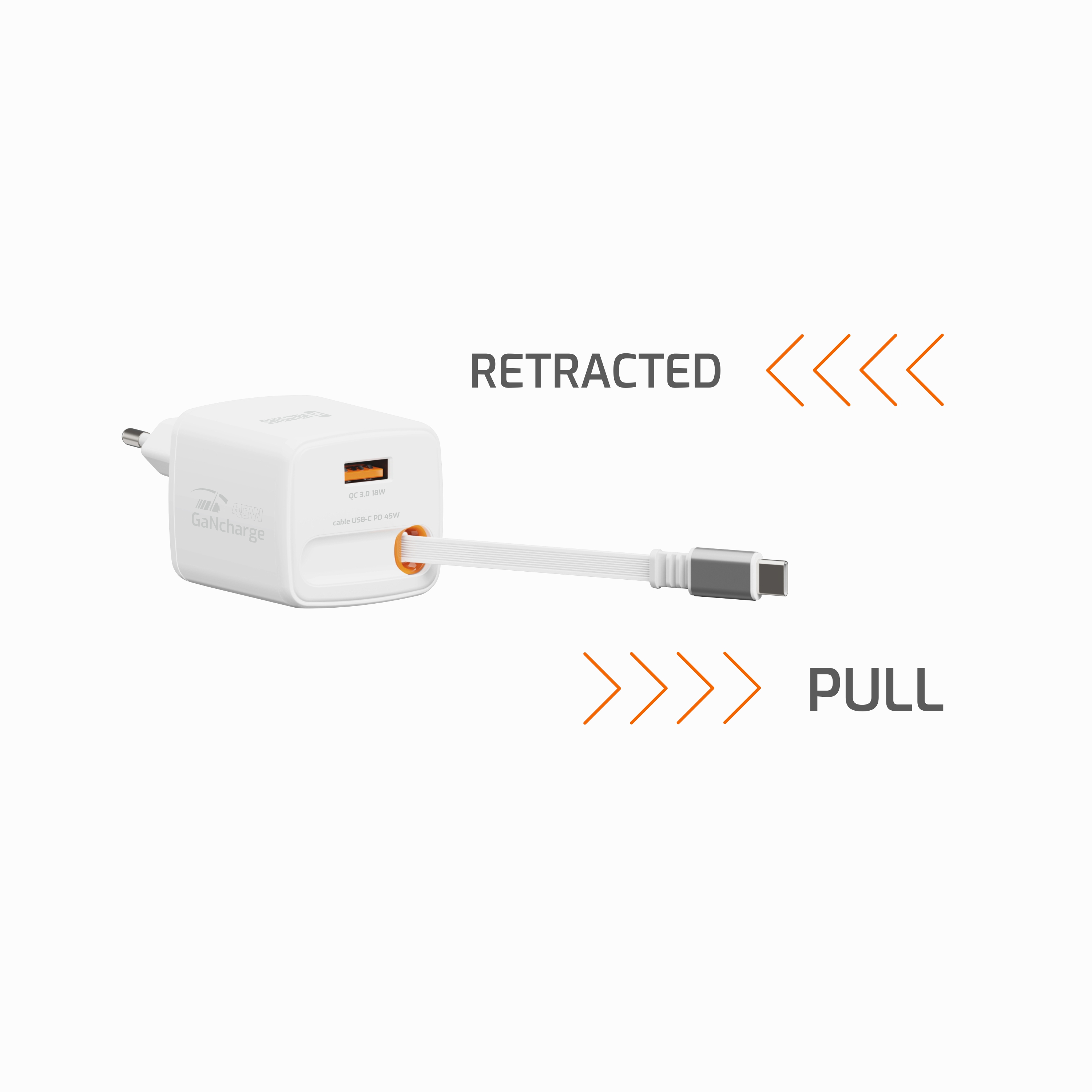 SWISSTEN Síťová nabíječka SlideCharge GaN 45W + USB-A 18W s výsuvným USB-C kabelem 0,75m bílá