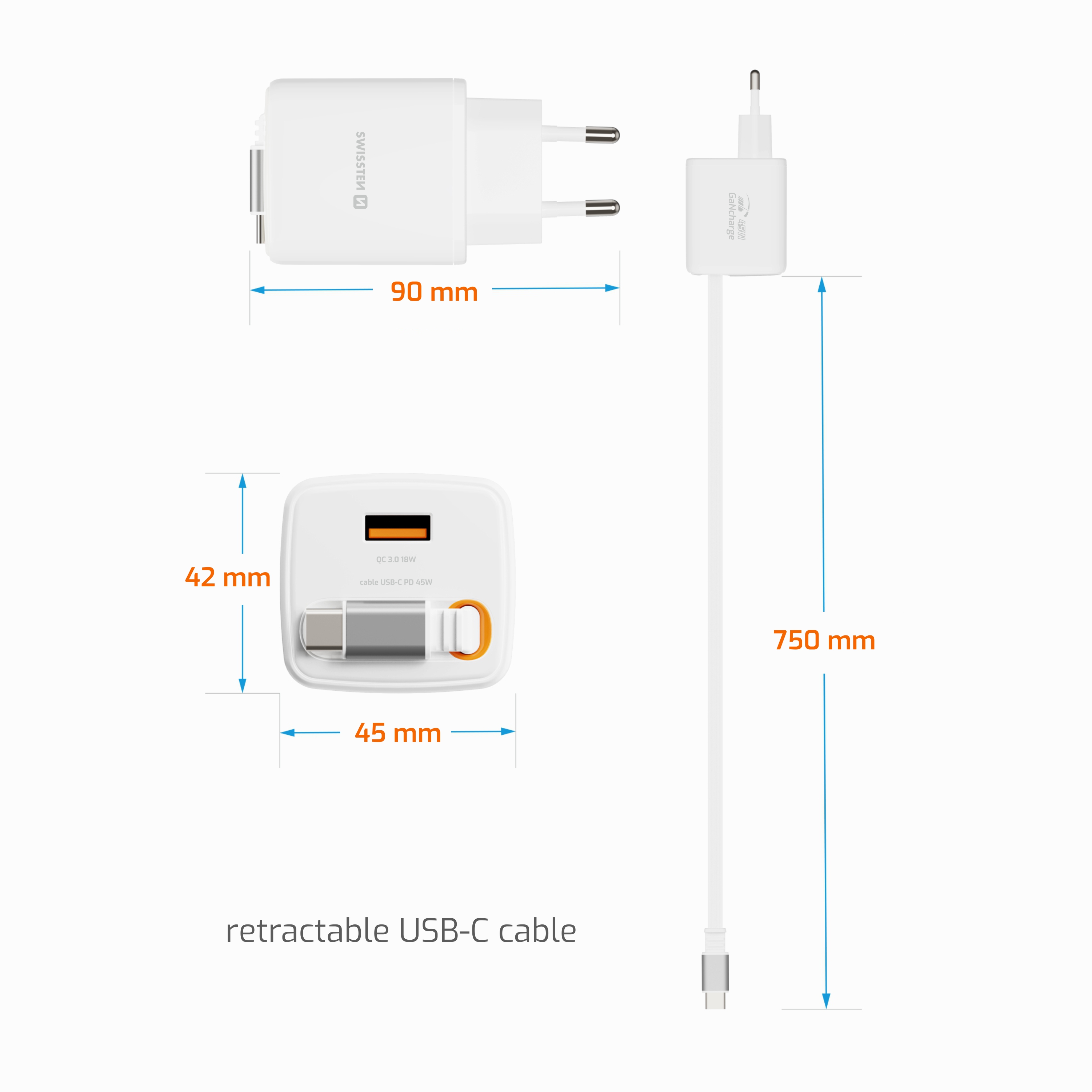 SWISSTEN Síťová nabíječka SlideCharge GaN 45W + USB-A 18W s výsuvným USB-C kabelem 0,75m bílá