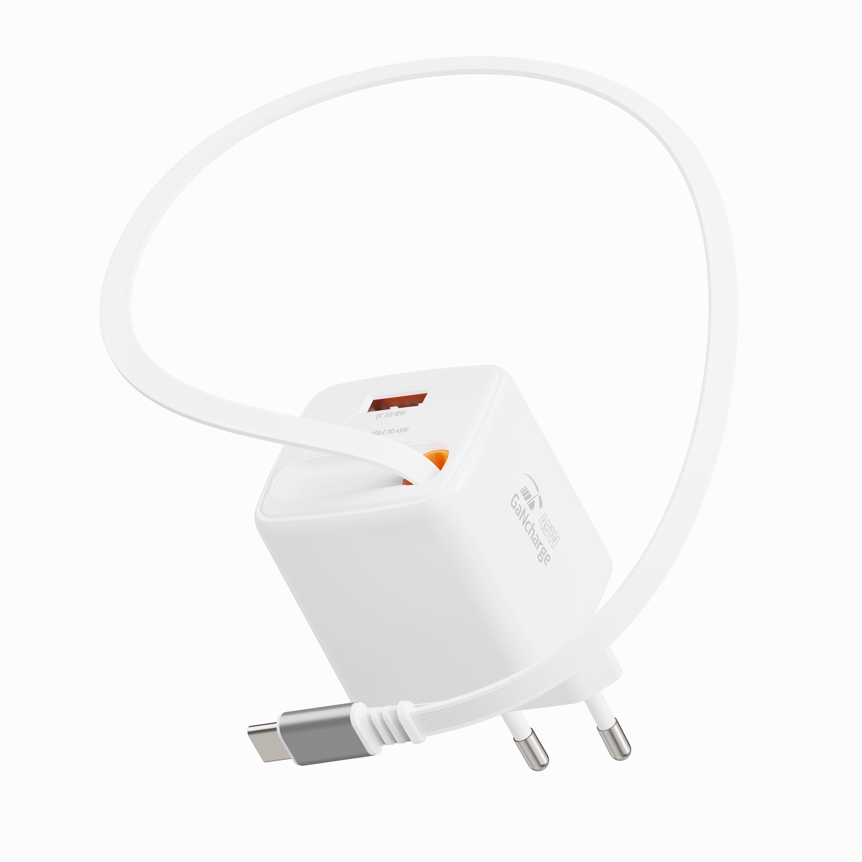 SWISSTEN Síťová nabíječka SlideCharge GaN 45W + USB-A 18W s výsuvným USB-C kabelem 0,75m bílá