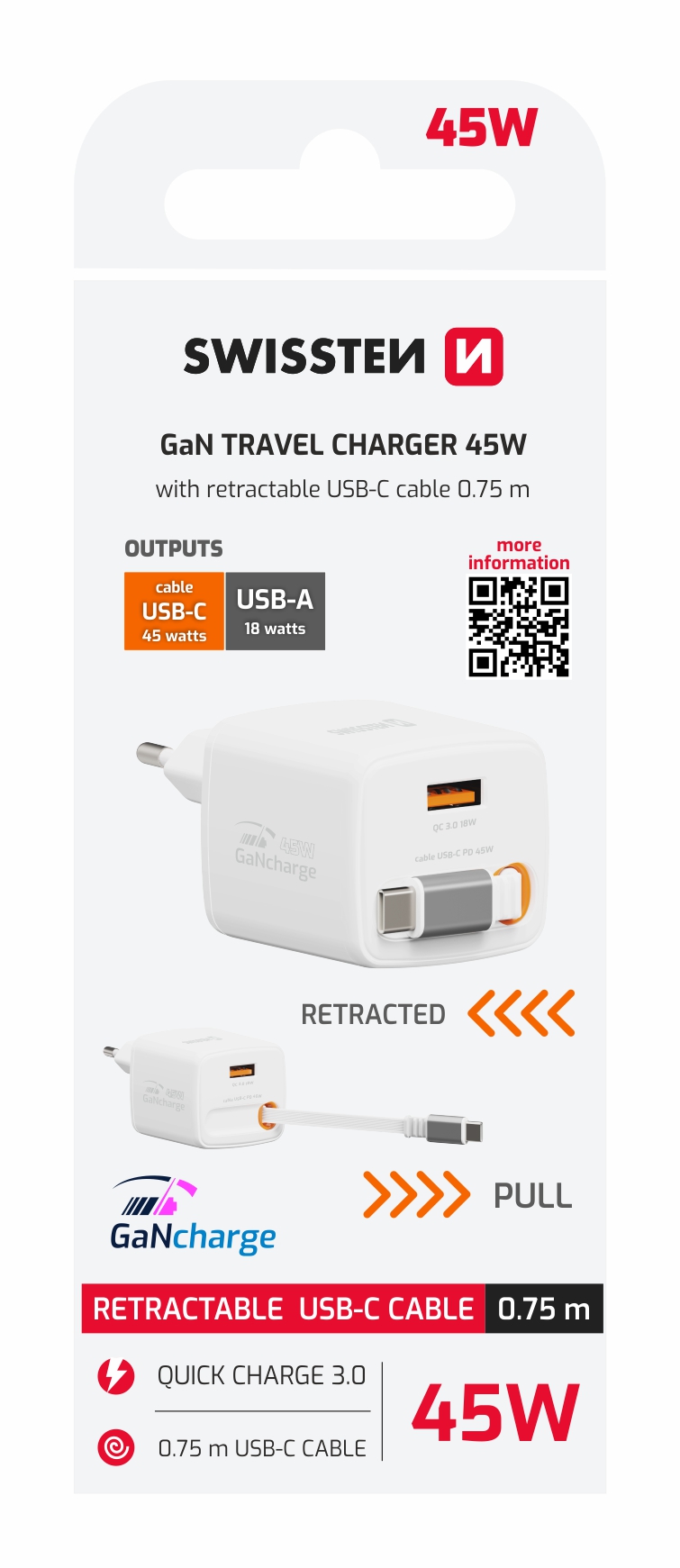 SWISSTEN Síťová nabíječka SlideCharge GaN 45W + USB-A 18W s výsuvným USB-C kabelem 0,75m bílá