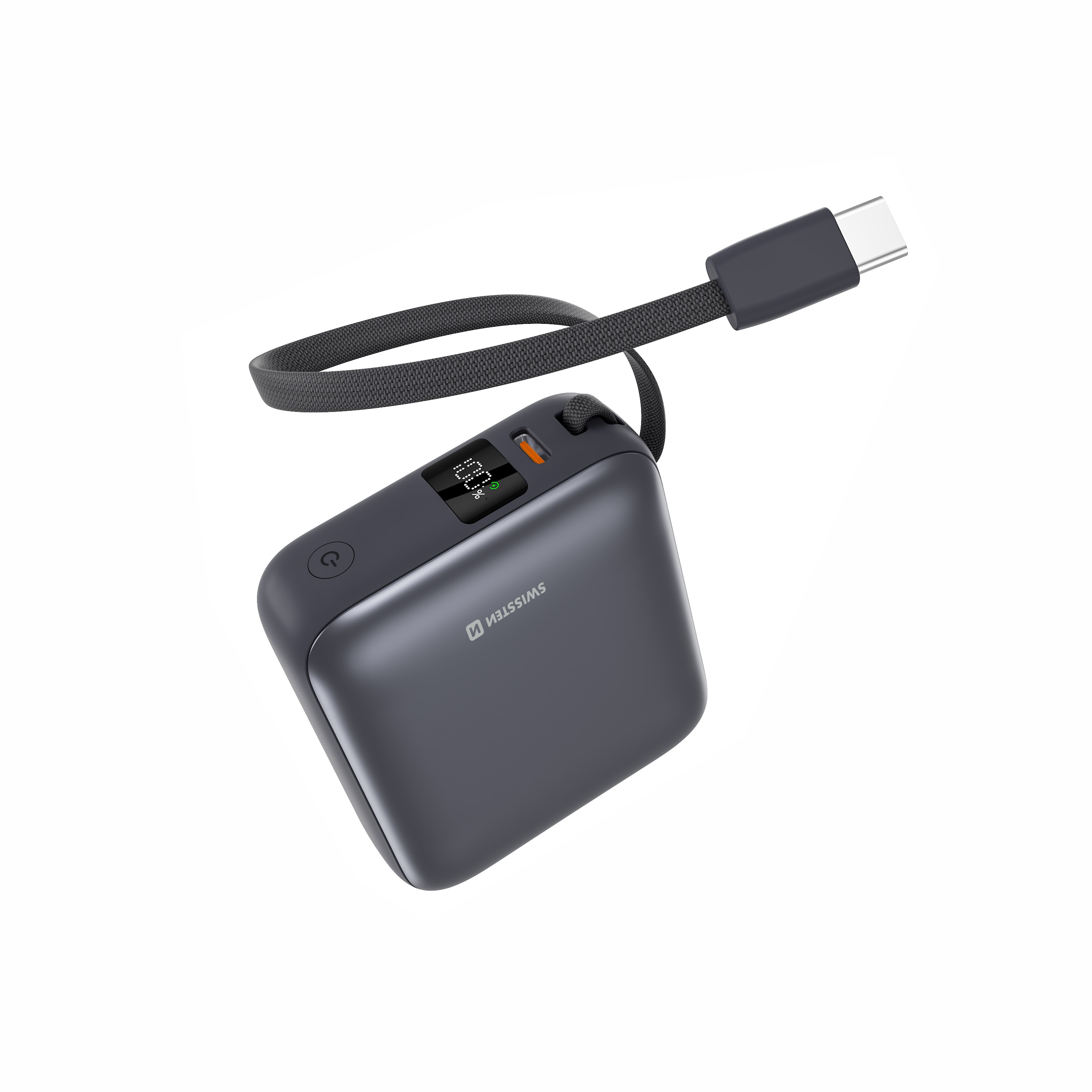 SWISSTEN Powerbanka Space 10000 mAh 35W s integrovaným USB-C kabelem stříbrná
