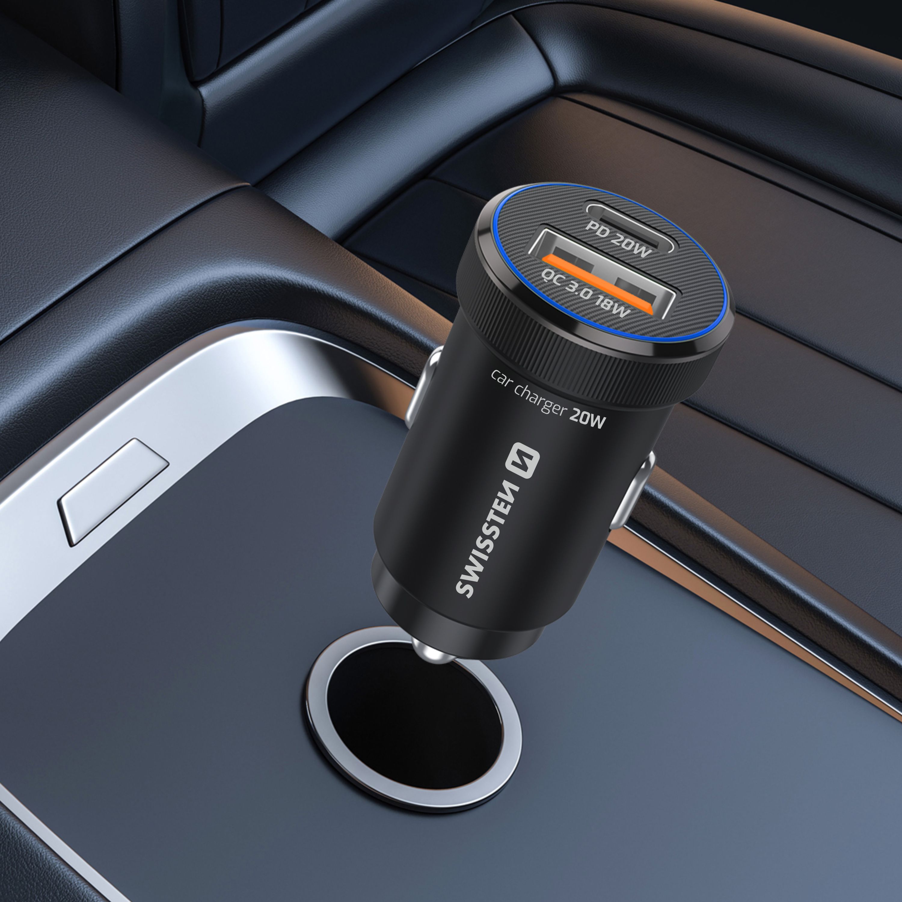 SWISSTEN Autonabíječka USB-C Power Delivery + USB-A Quick Charge 20W černá