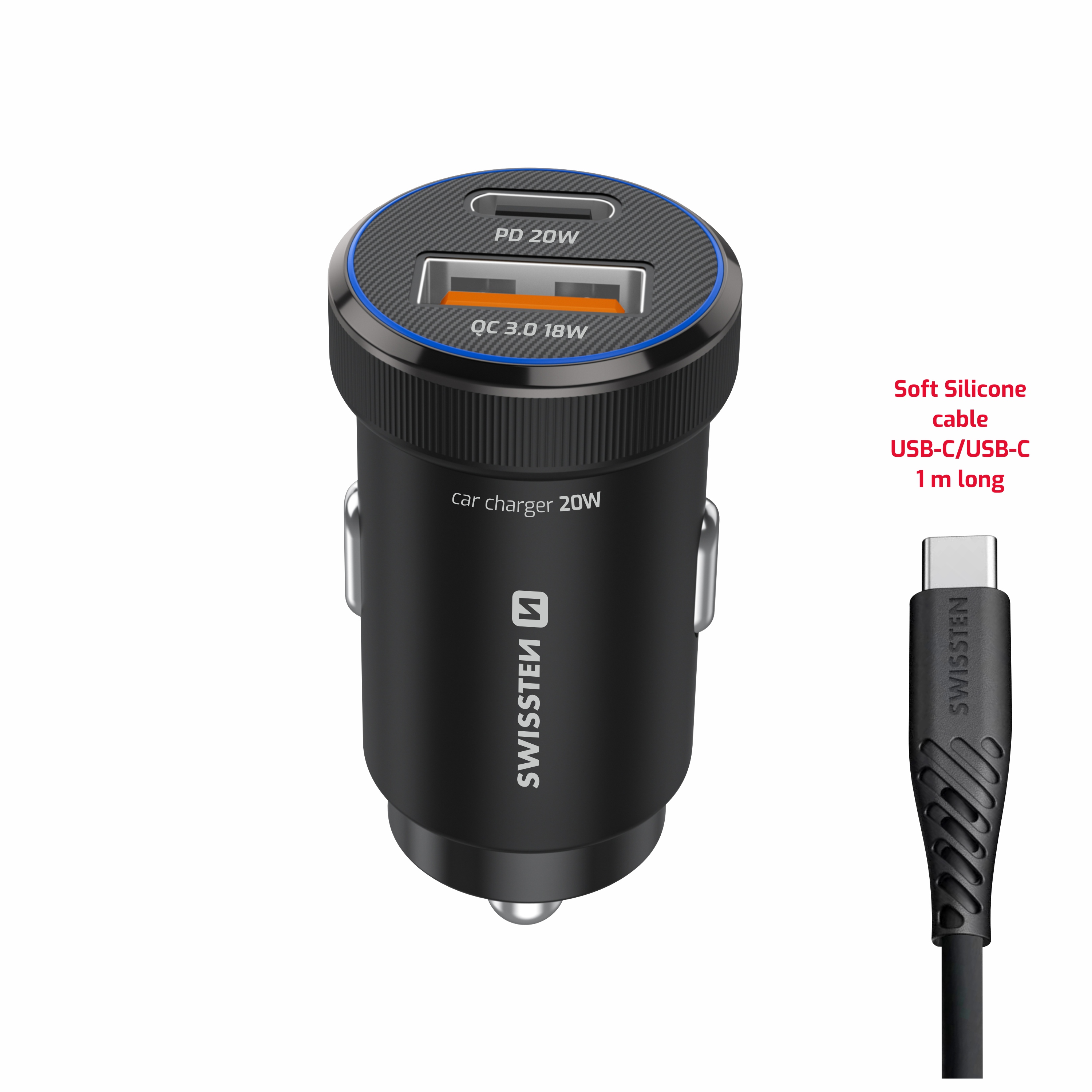 SWISSTEN Autonabíječka USB-C Power Delivery + USB-A Quick Charge 20W černá + USB-C kabel 1 m
