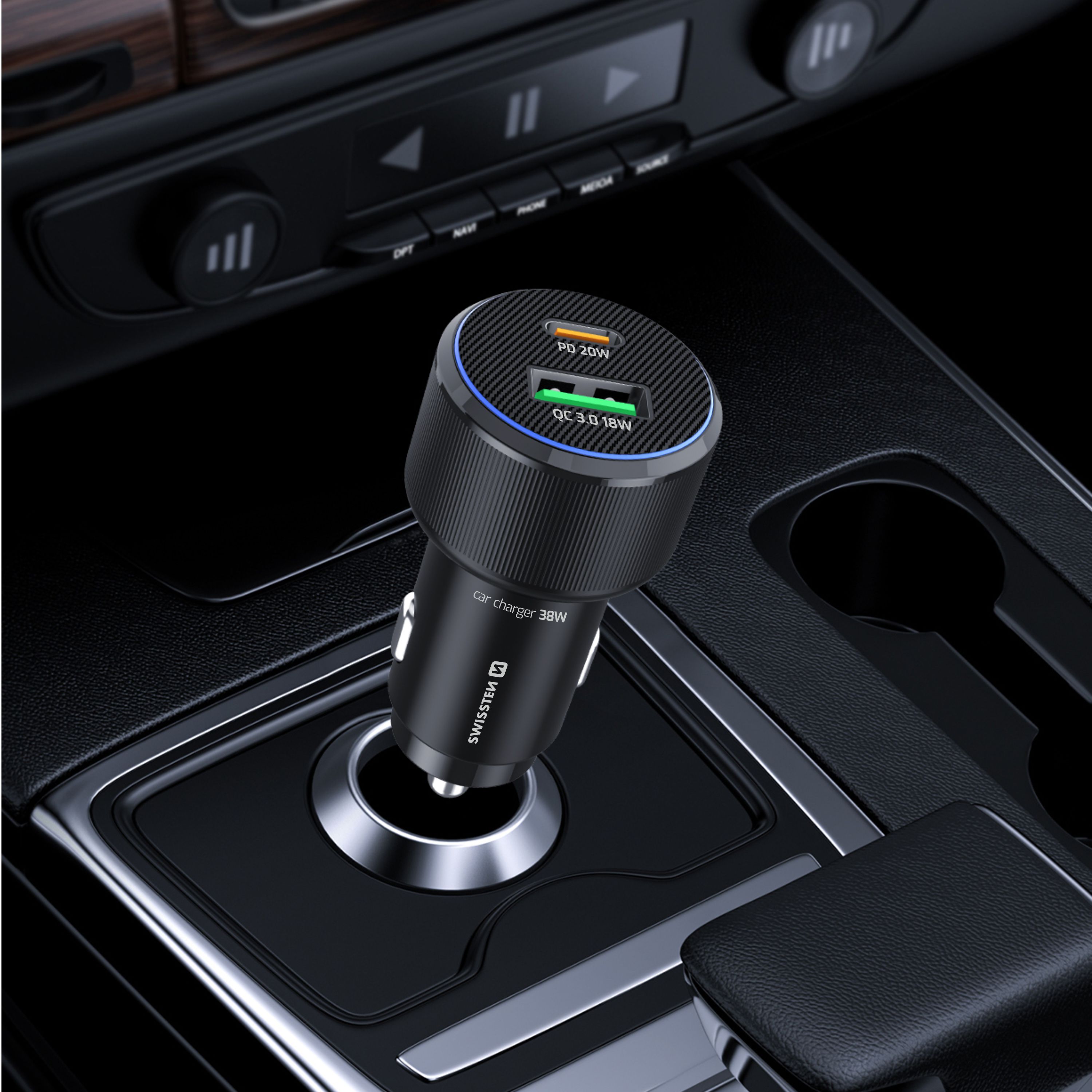SWISSTEN Autonabíječka USB-C Power Delivery + USB-A Quick Charge 38W černá